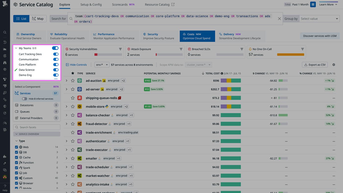 The My Teams filter in Service Catalog allows you to filter service cost data based on ownership The My Teams filter in Service Catalog allows you to filter service cost data based on ownership
