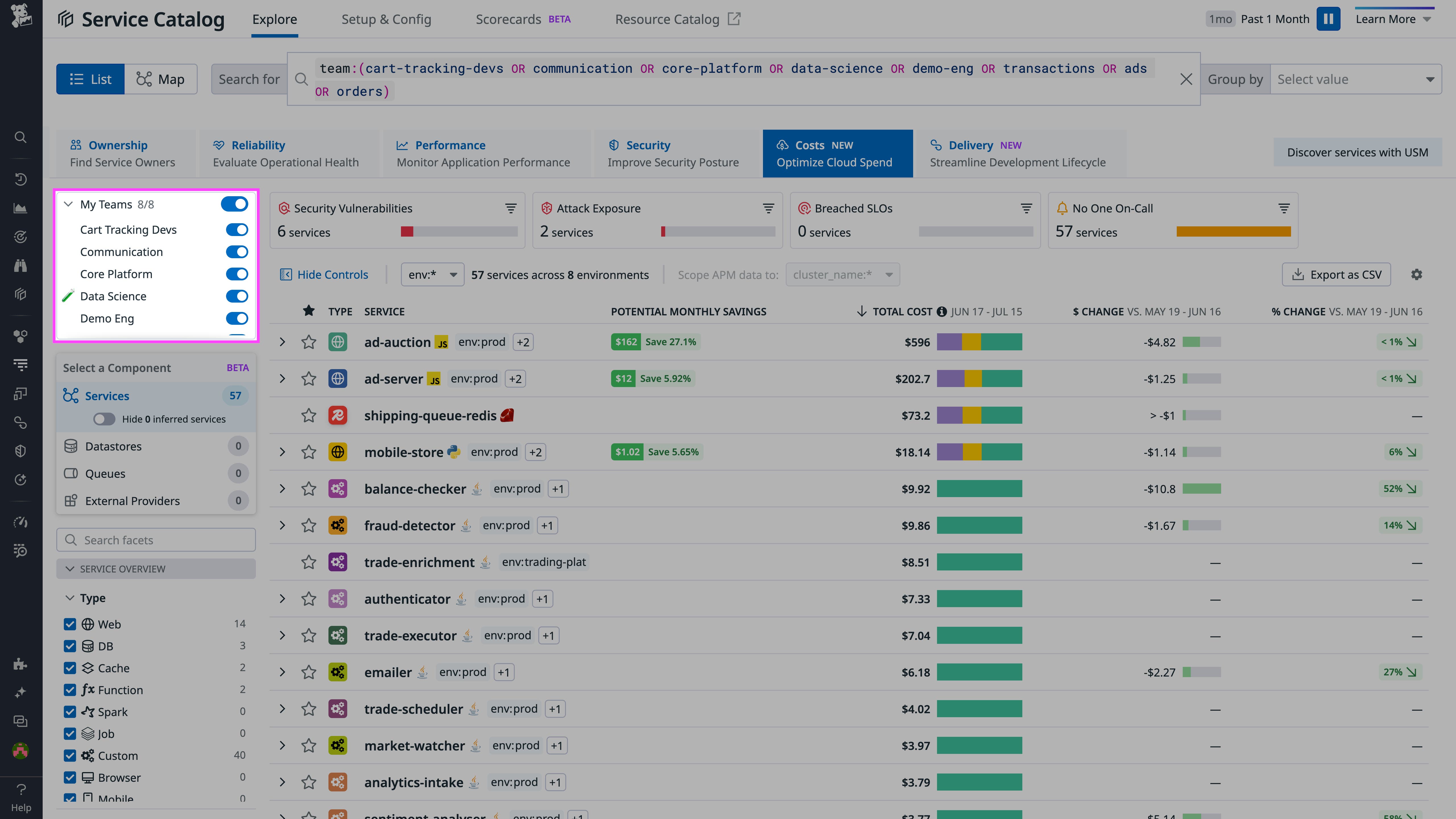 The My Teams filter in Service Catalog allows you to filter service cost data based on ownership The My Teams filter in Service Catalog allows you to filter service cost data based on ownership