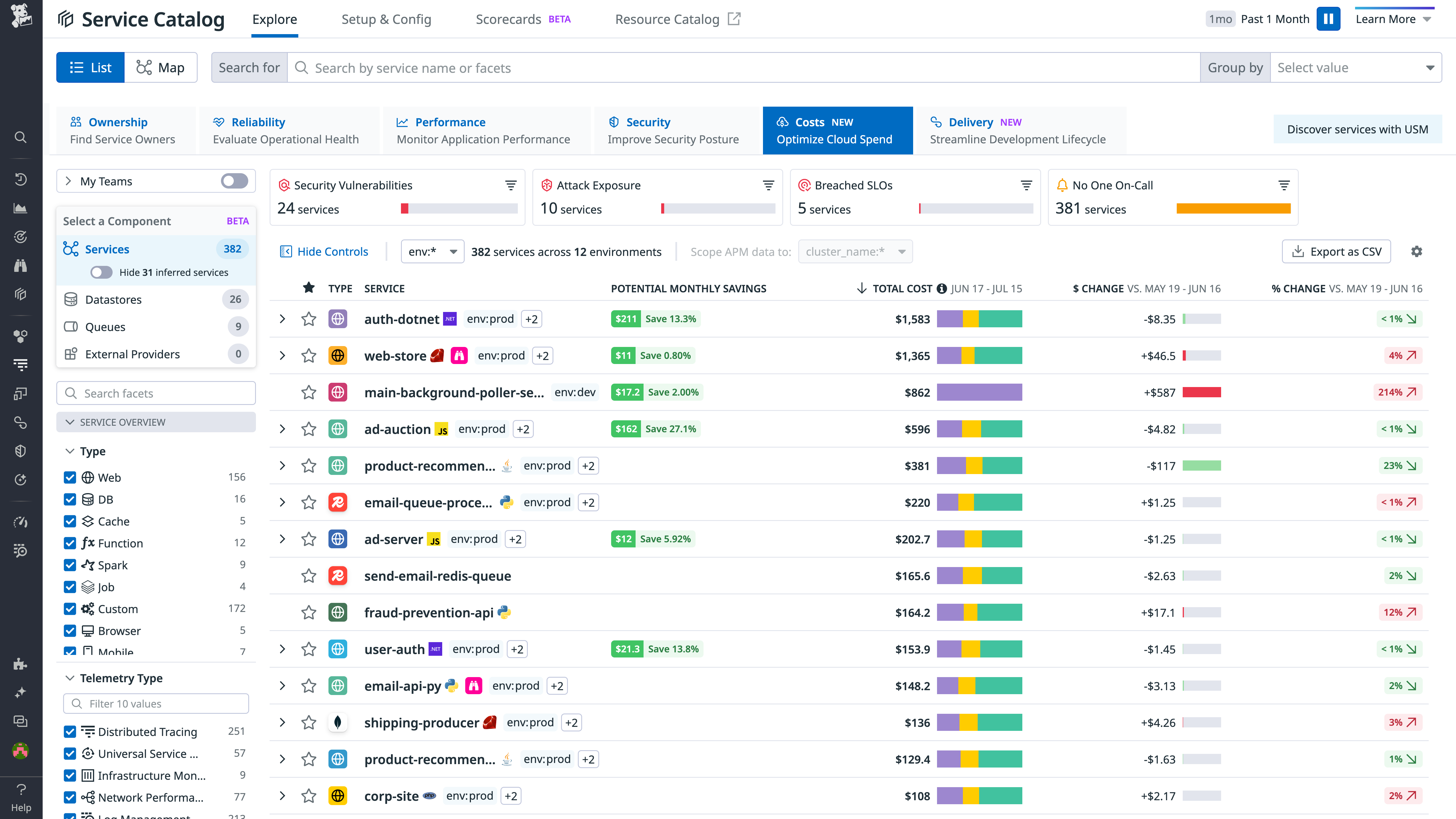The Costs tab of the Service Catalog provides a high-level overview of the costs of each of your services
