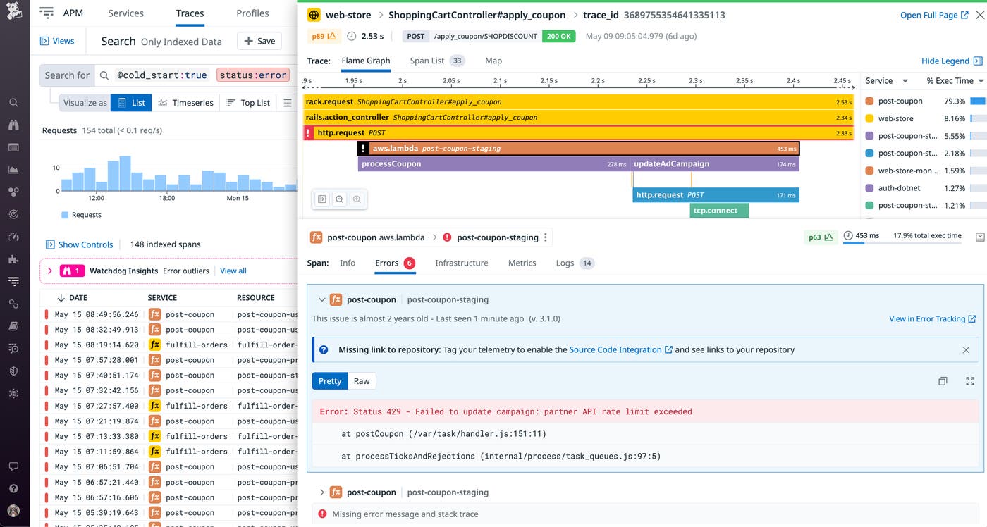 We can see from this trace that the user encountered a 5xx error when they navigated to the payments page. We can see from this trace that the user encountered a 5xx error when they navigated to the payments page.