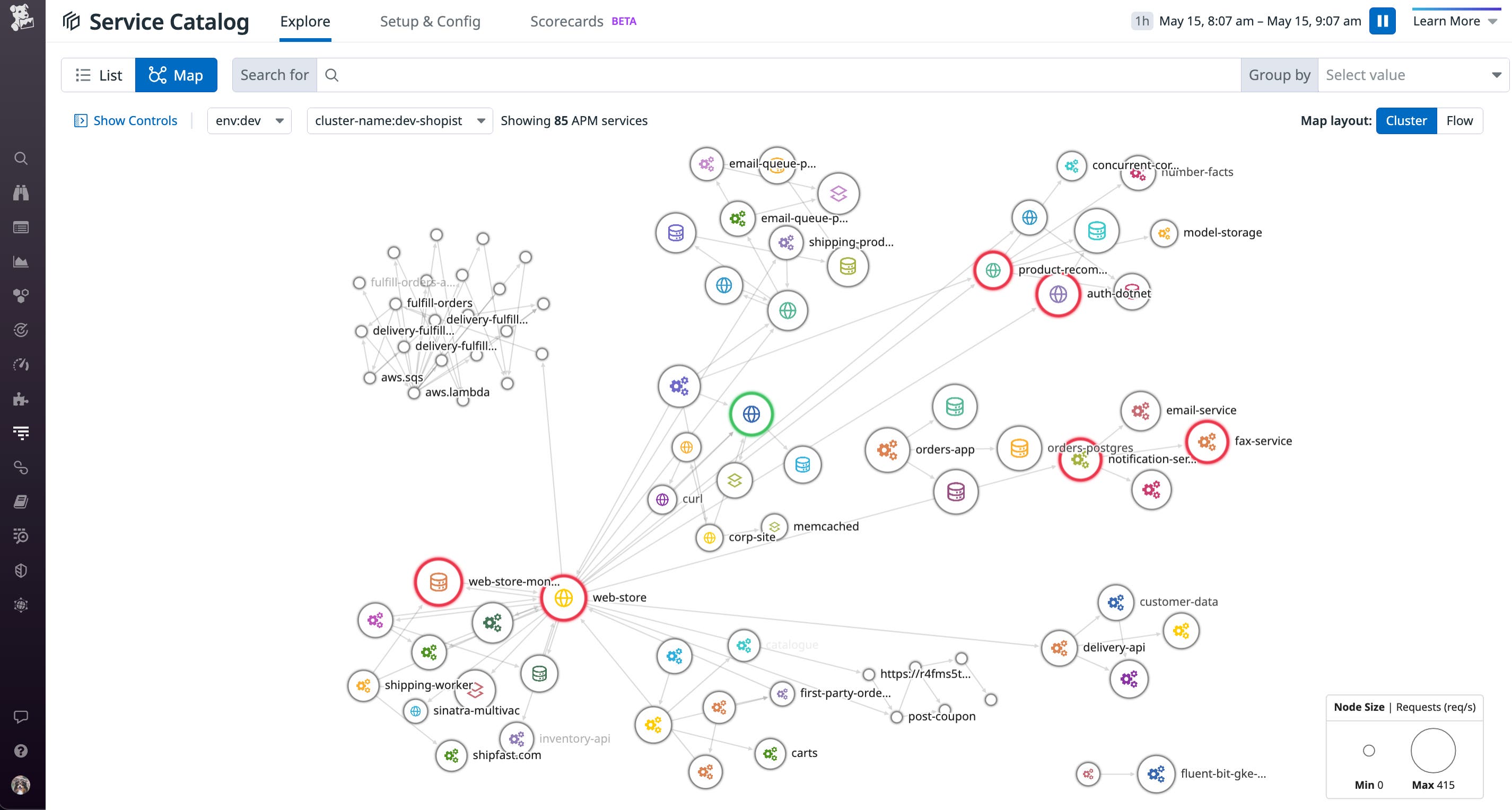 Datadog's Service Map for serverless visualizes how your Lambda functions fit into your services. Datadog's Service Map for serverless visualizes how your Lambda functions fit into your services.
