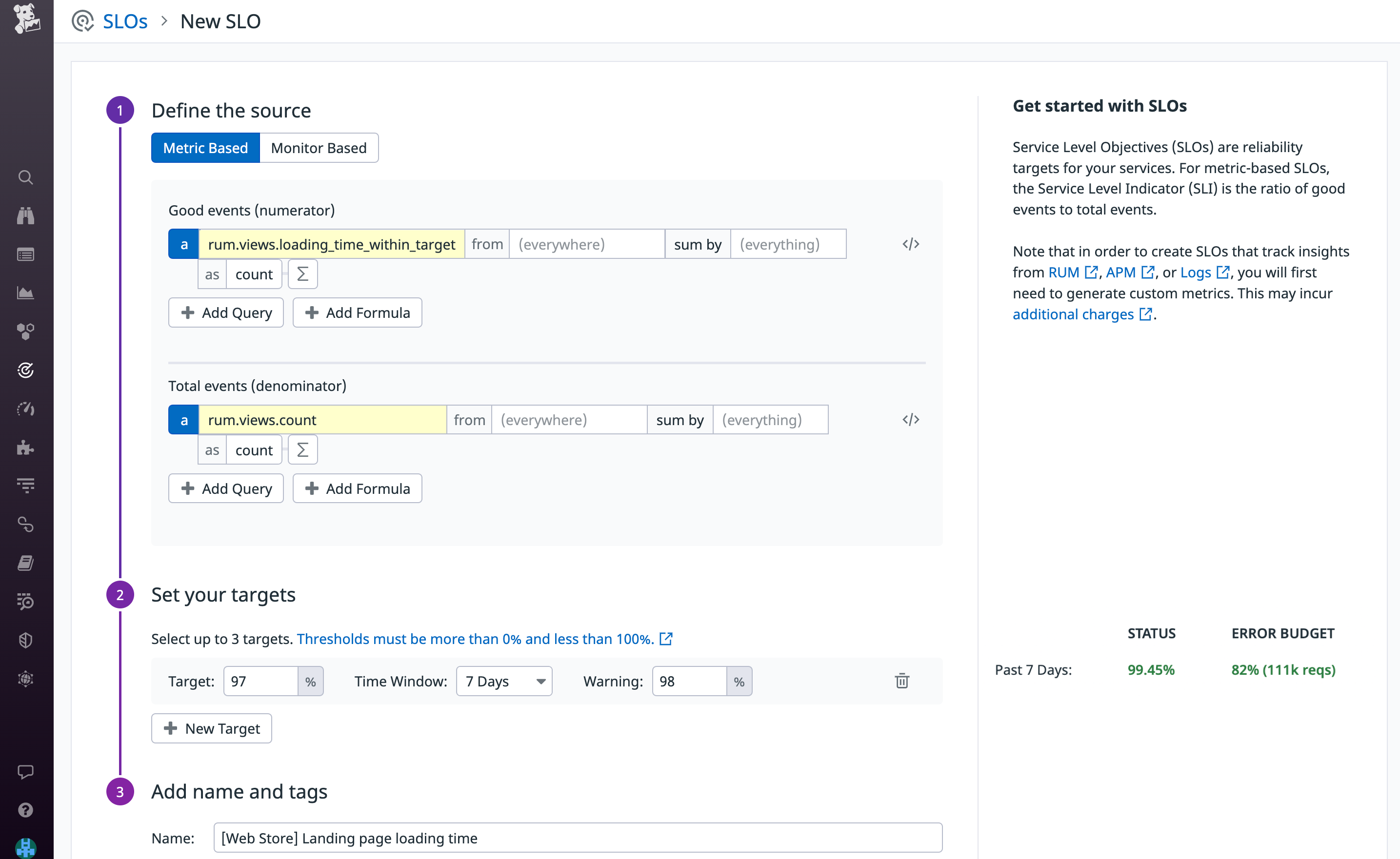 Set SLO targets using RUM metrics.