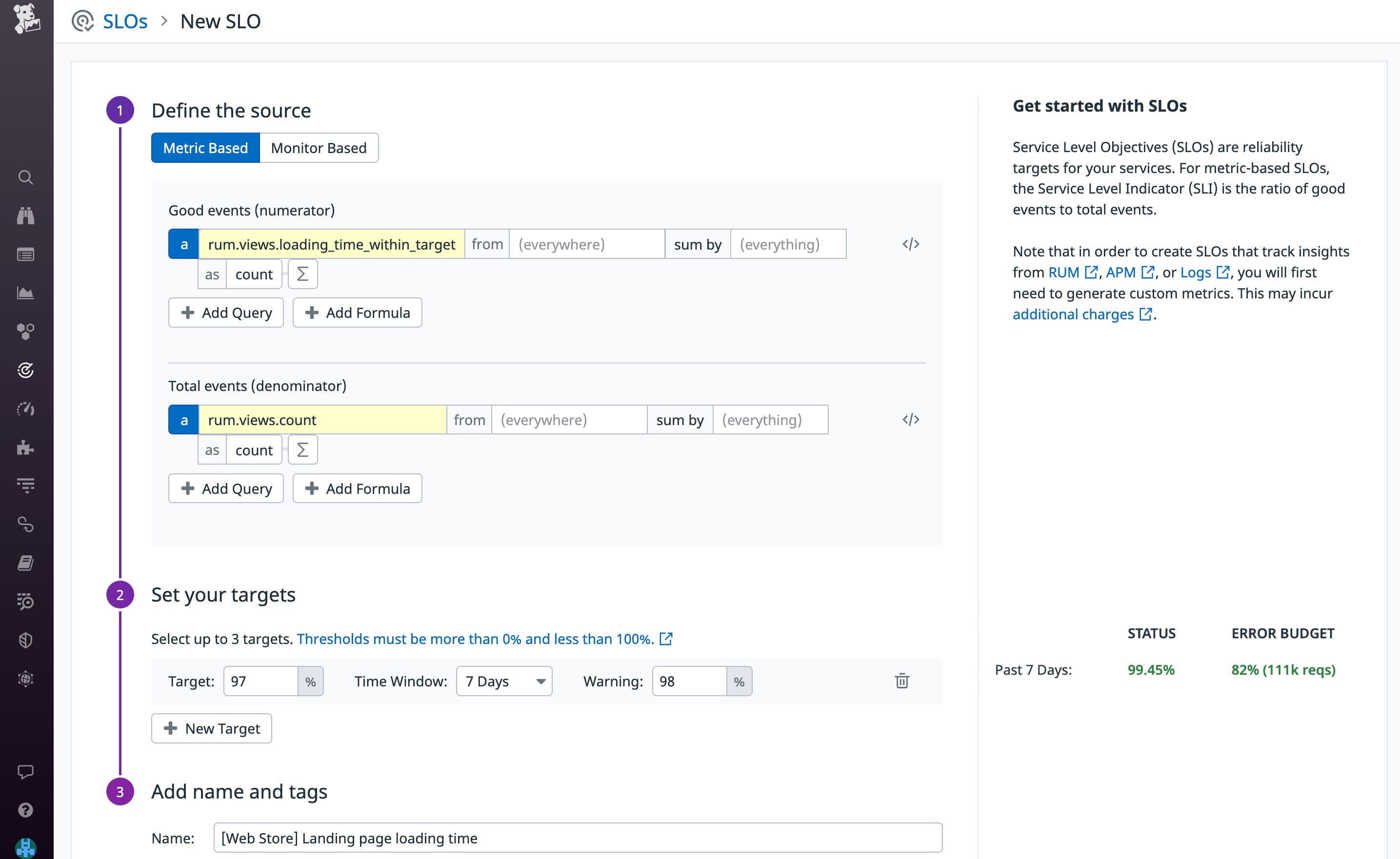 Set SLO targets using RUM metrics. Set SLO targets using RUM metrics.