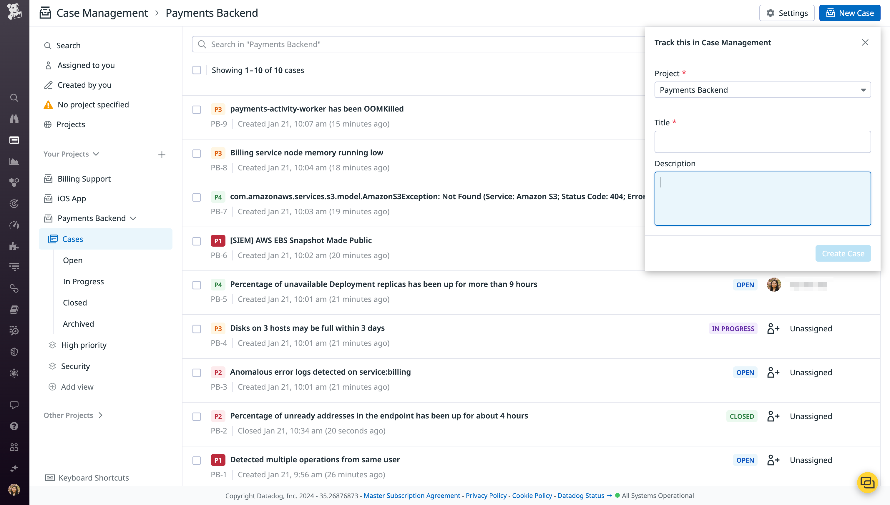 The case creation window within Case Management, with fields for the project, title, and description.