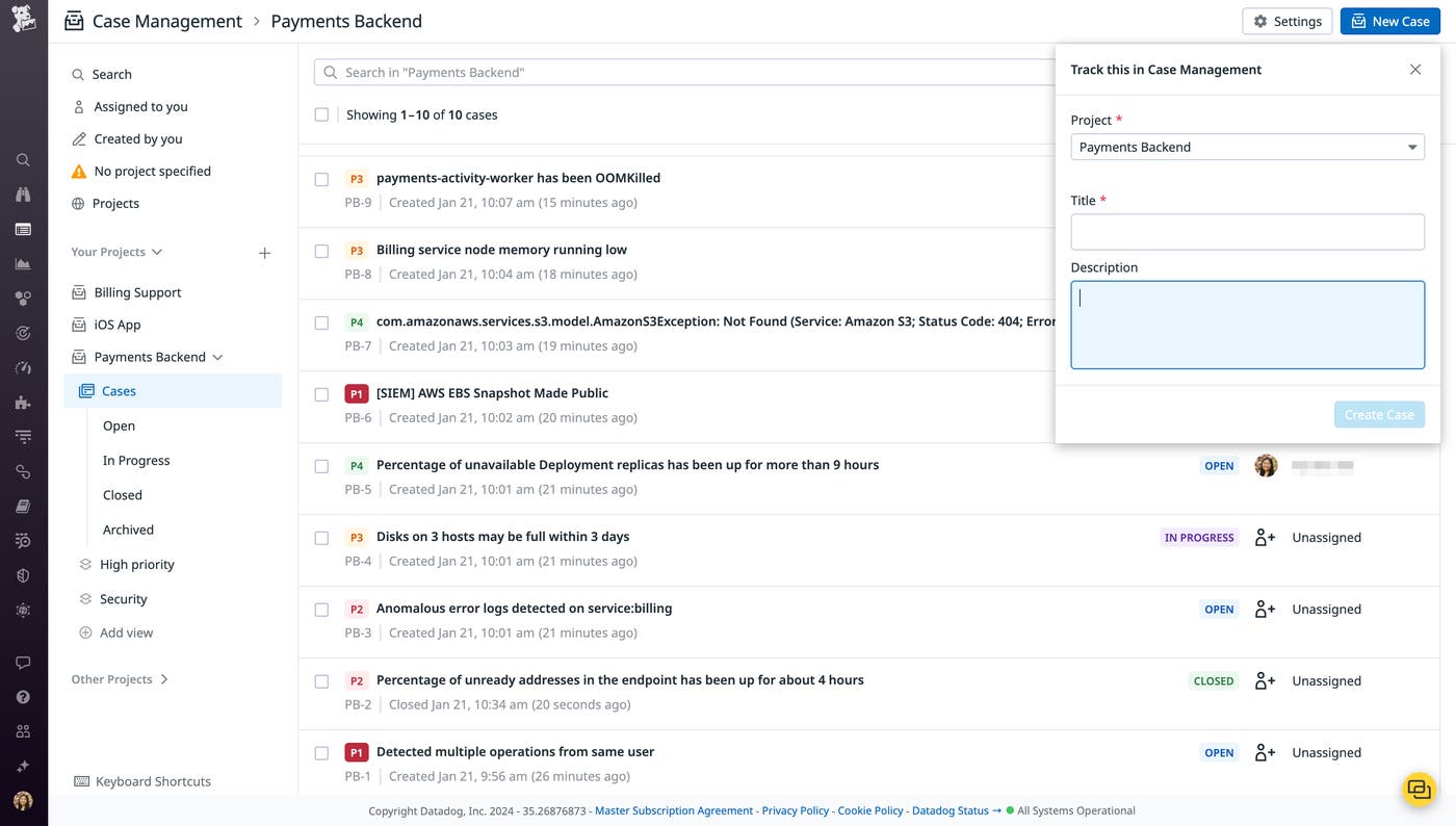 The case creation window within Case Management, with fields for the project, title, and description. The case creation window within Case Management, with fields for the project, title, and description.
