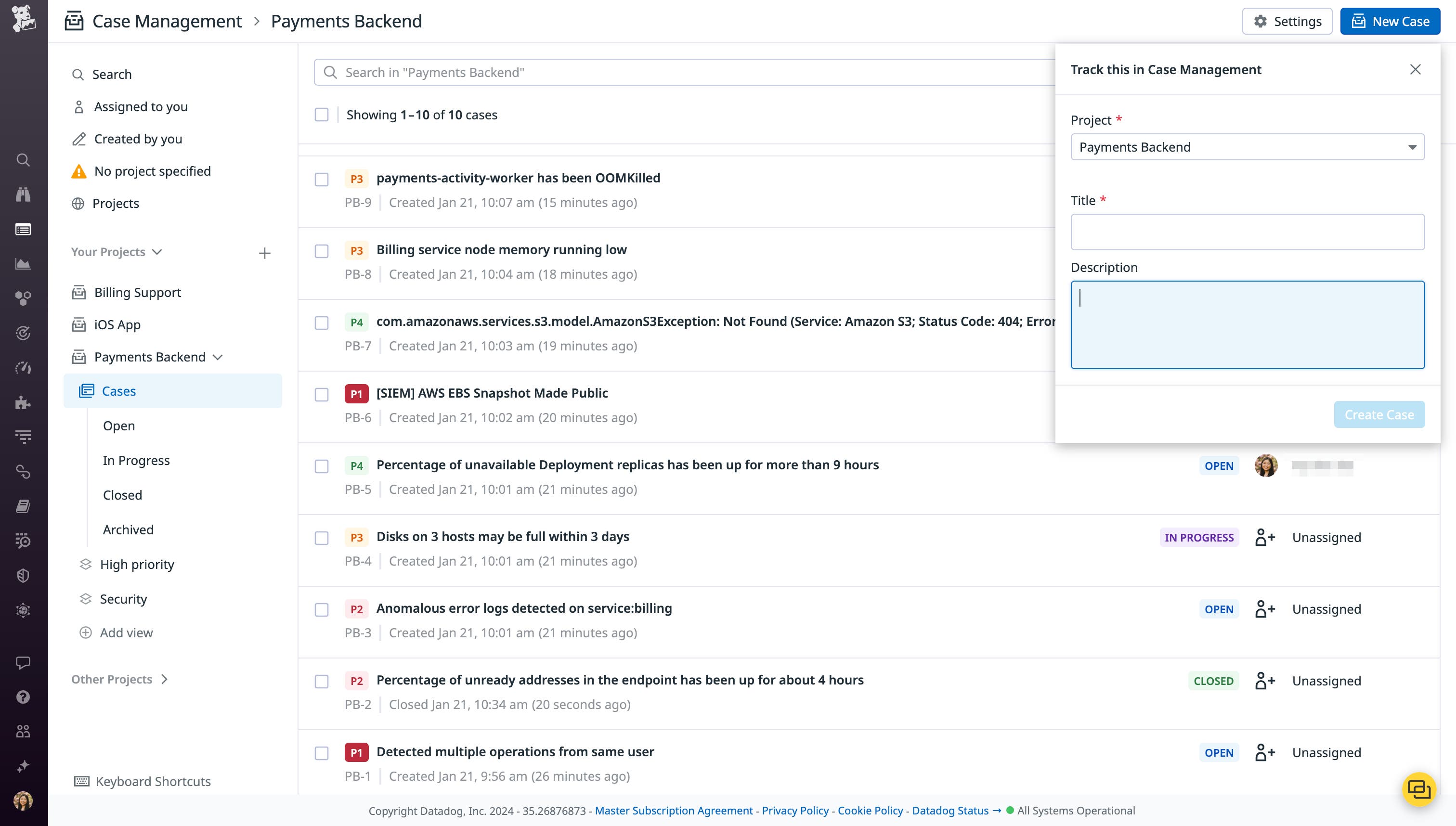 The case creation window within Case Management, with fields for the project, title, and description. The case creation window within Case Management, with fields for the project, title, and description.