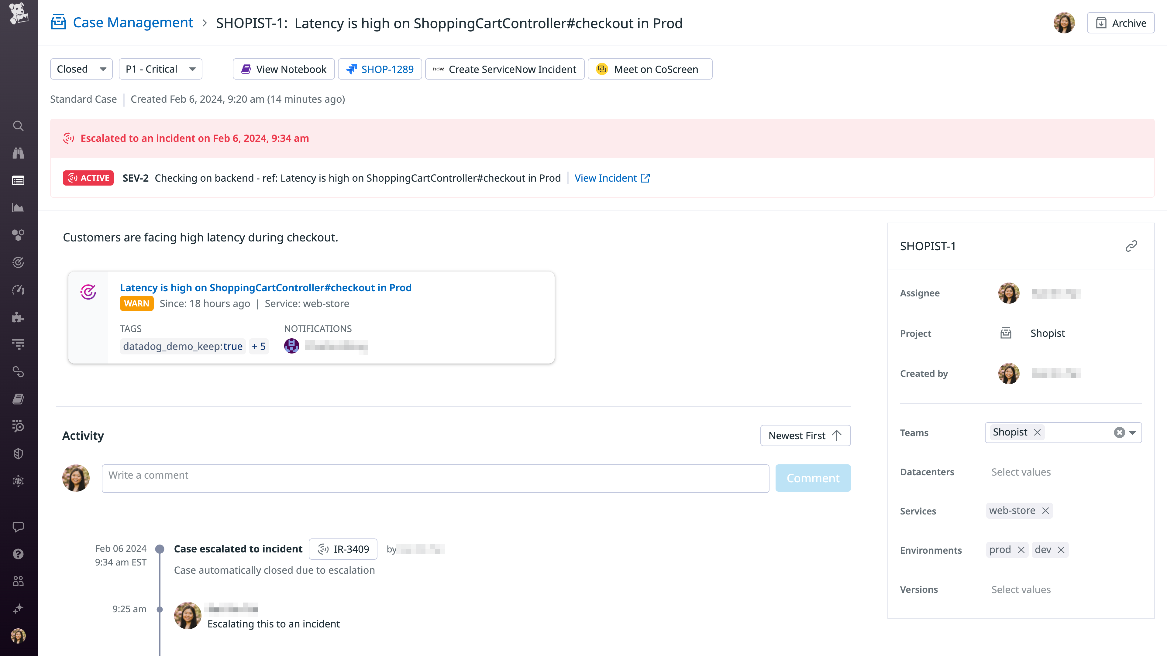 The details page for a case that has been escalated to an incident, including a timeline of relevant events.