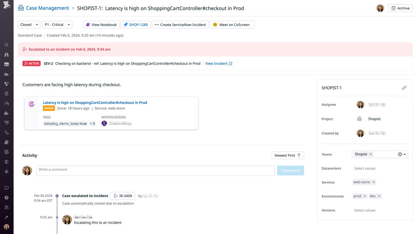 The details page for a case that has been escalated to an incident, including a timeline of relevant events. The details page for a case that has been escalated to an incident, including a timeline of relevant events.