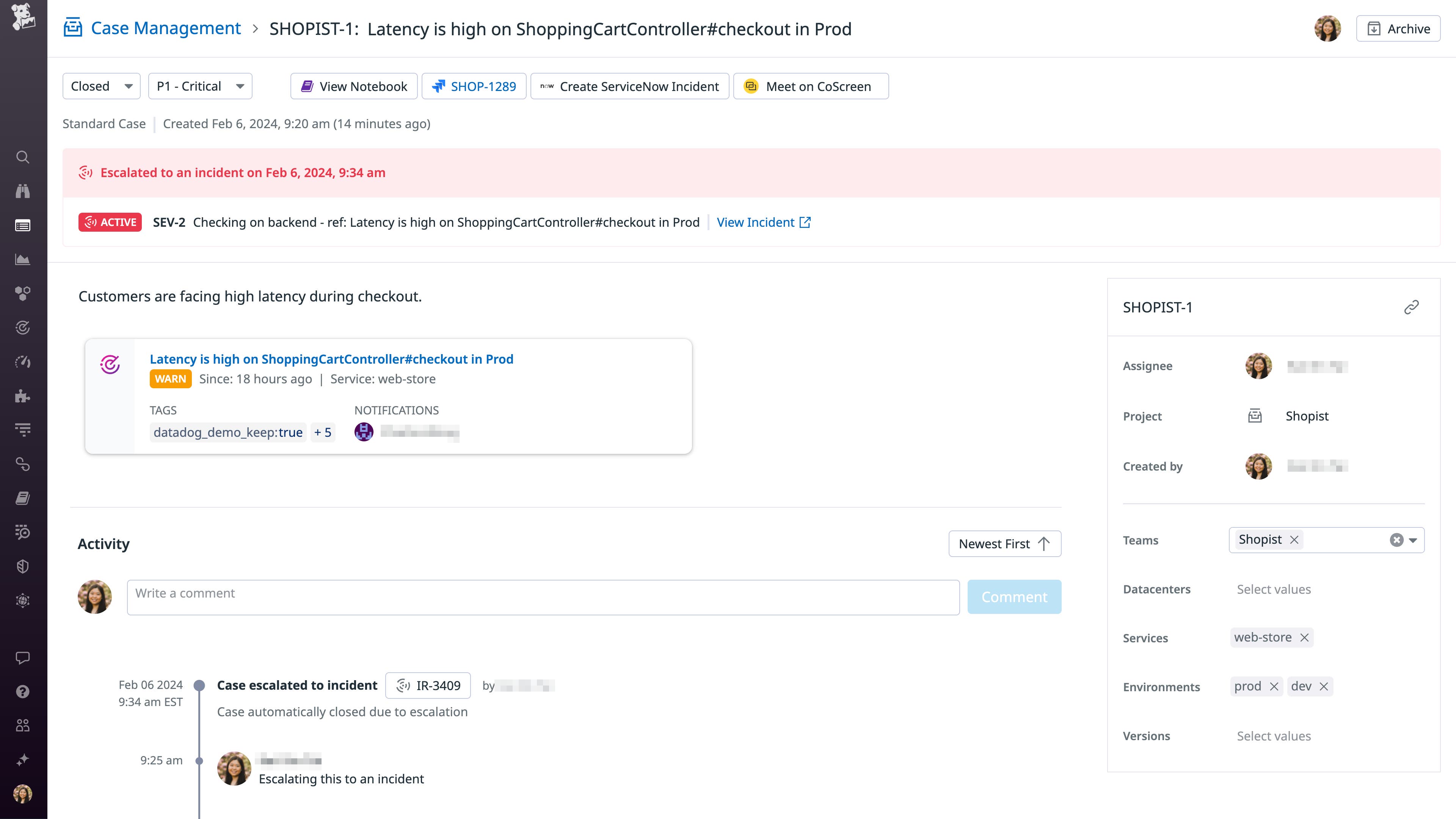 The details page for a case that has been escalated to an incident, including a timeline of relevant events. The details page for a case that has been escalated to an incident, including a timeline of relevant events.