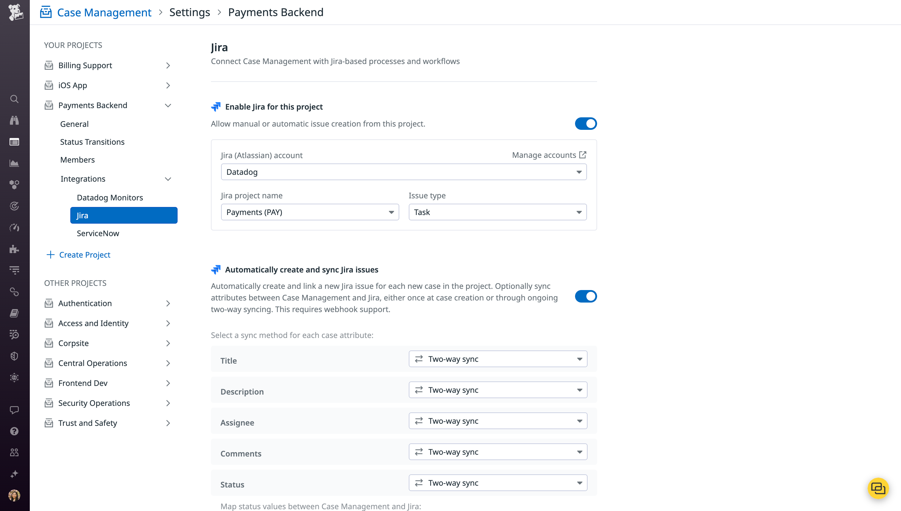 The configuration page for the bidirectional Jira integration within Case Management.