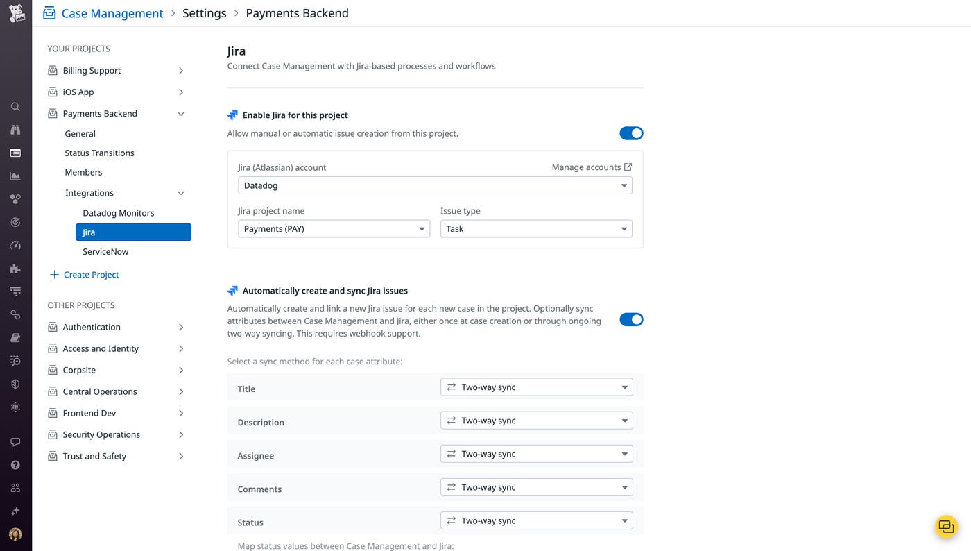 The configuration page for the bidirectional Jira integration within Case Management. The configuration page for the bidirectional Jira integration within Case Management.