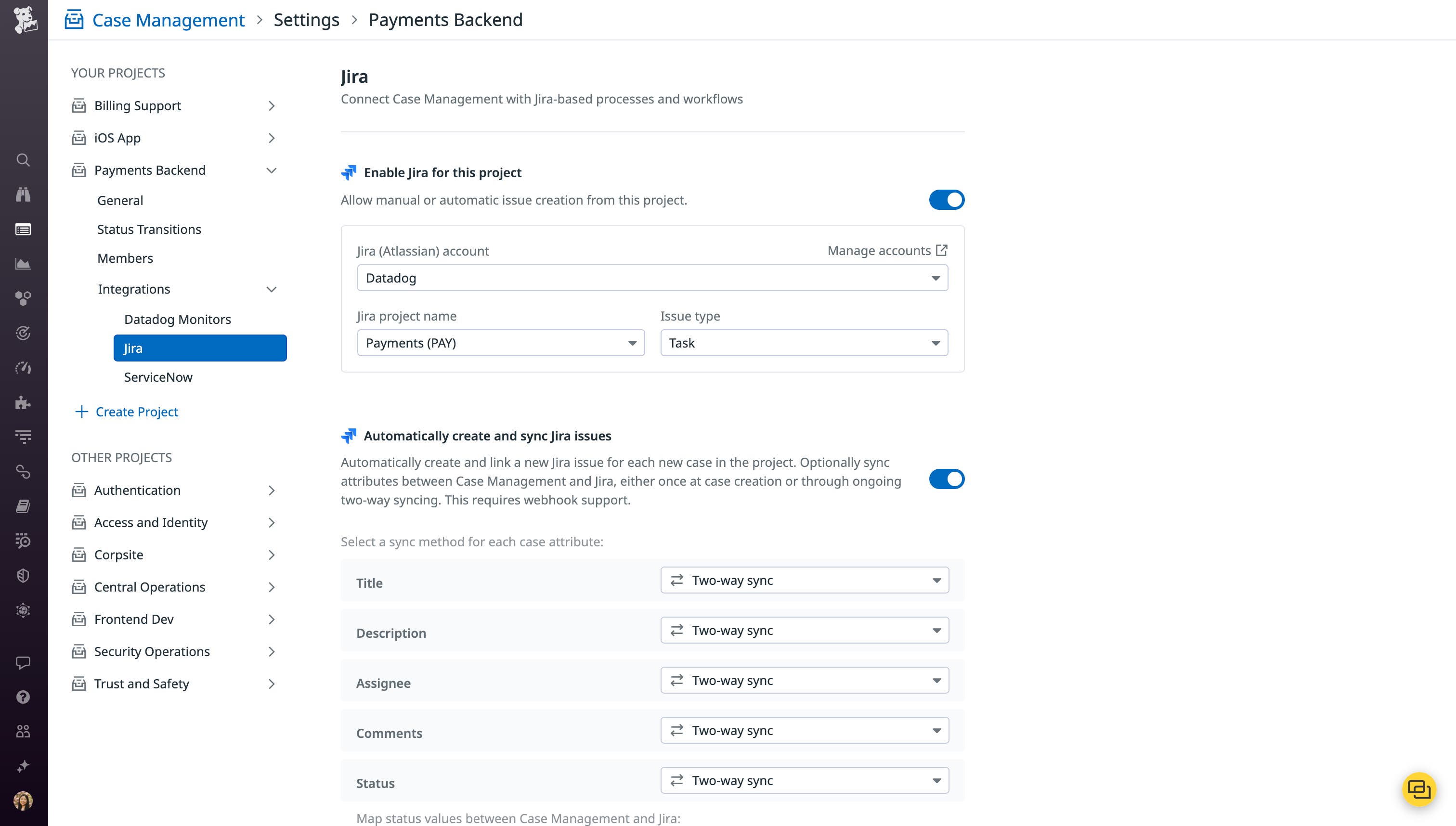 The configuration page for the bidirectional Jira integration within Case Management. The configuration page for the bidirectional Jira integration within Case Management.