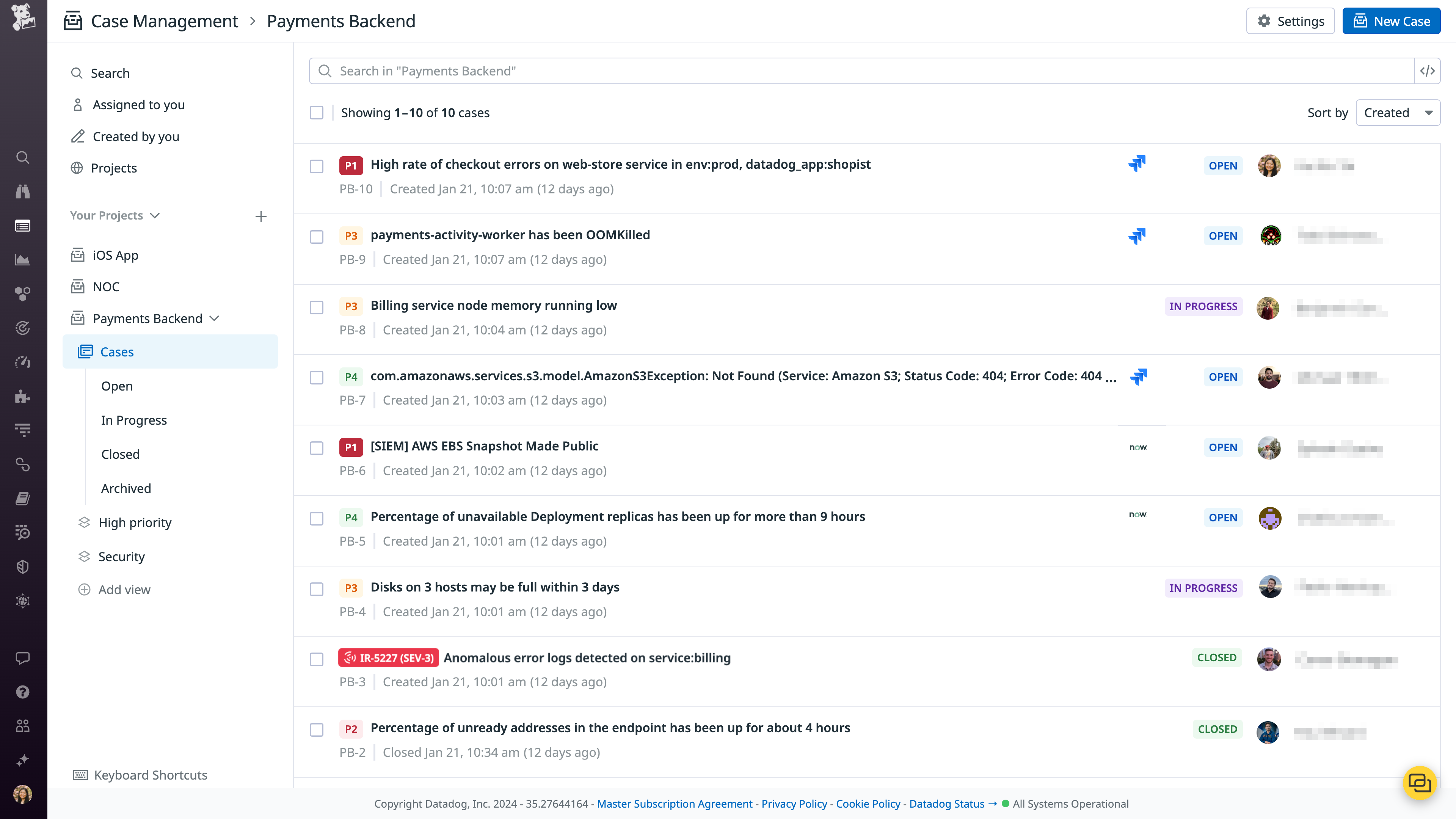 A list of cases for a project within Case Management, including their status and severity level.