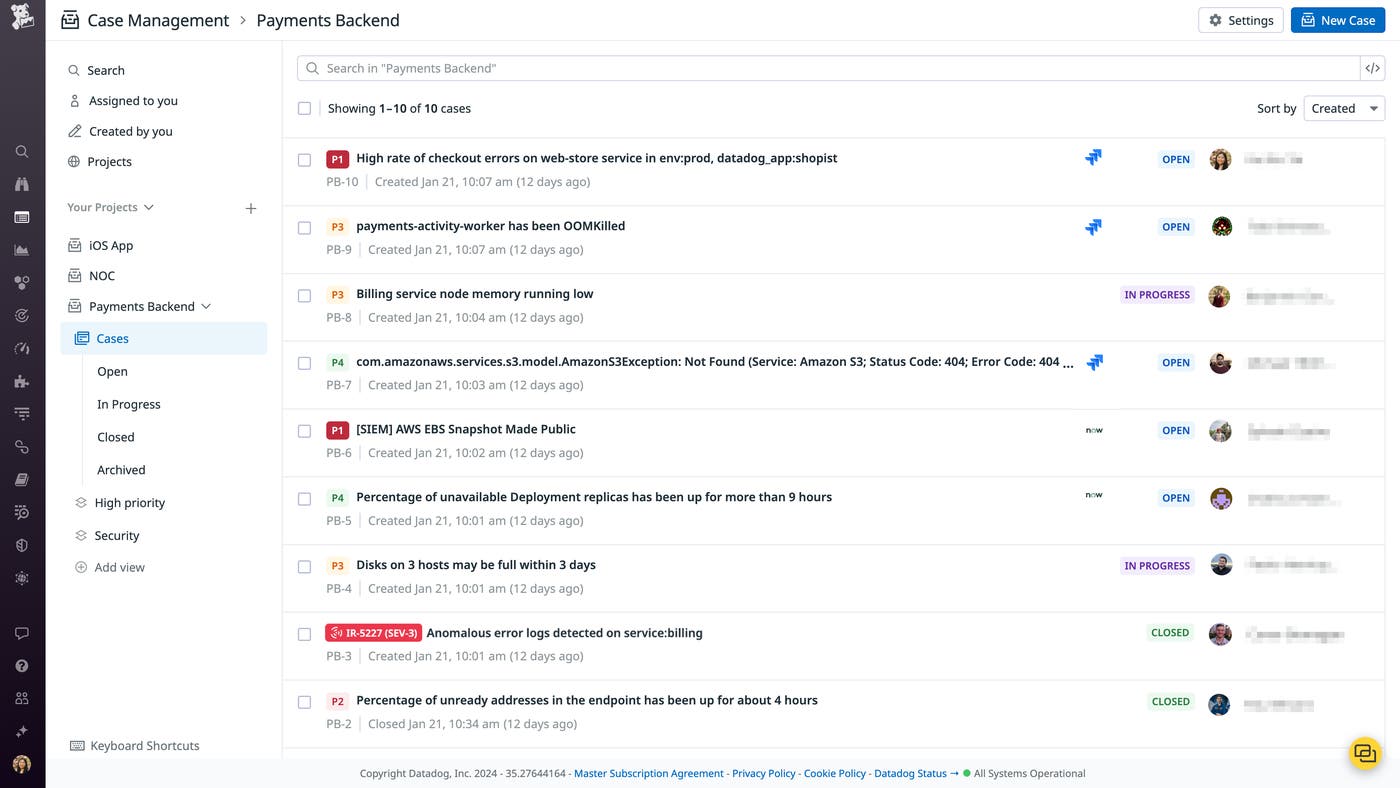 A list of cases for a project within Case Management, including their status and severity level. A list of cases for a project within Case Management, including their status and severity level.