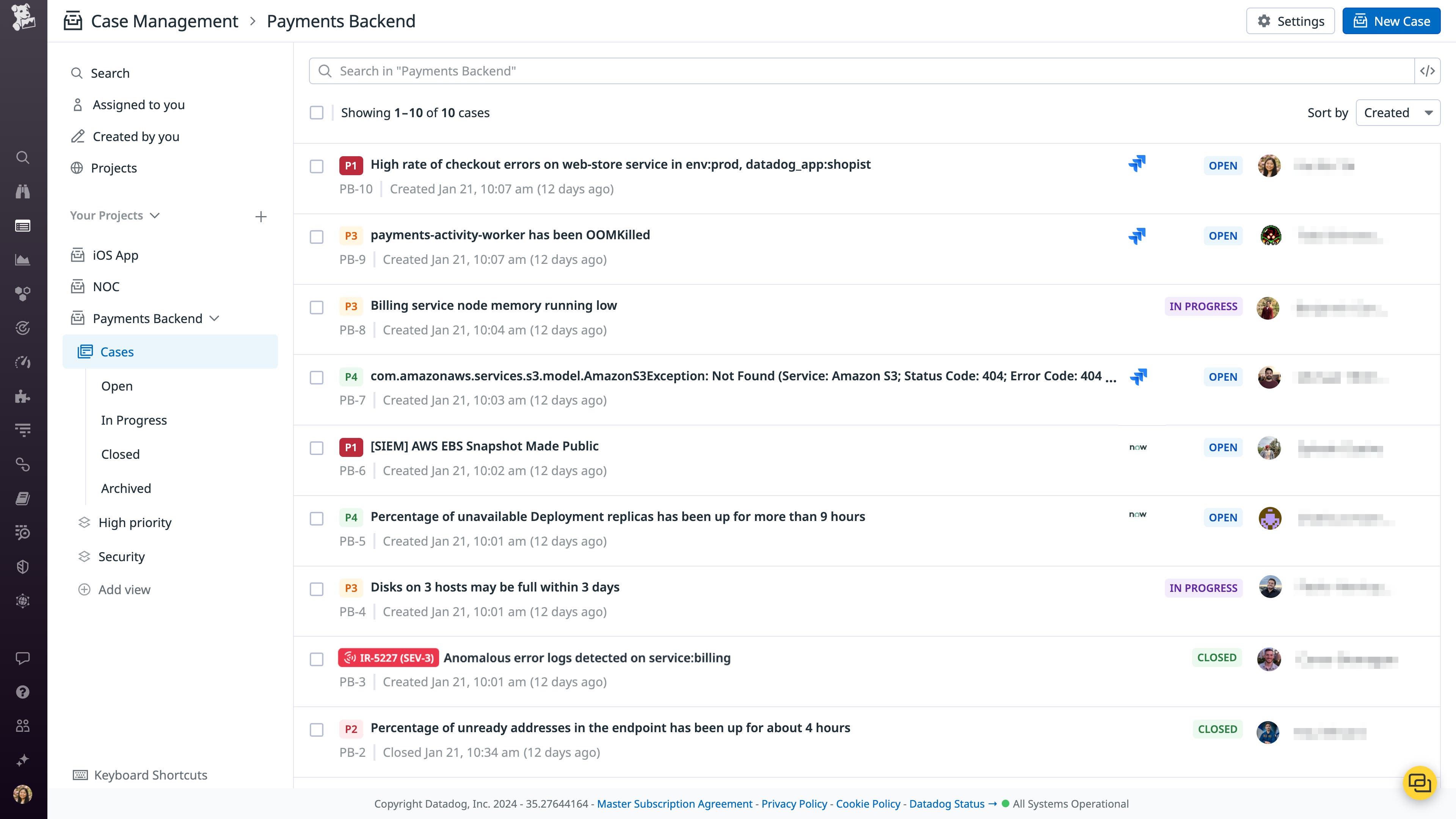 A list of cases for a project within Case Management, including their status and severity level. A list of cases for a project within Case Management, including their status and severity level.