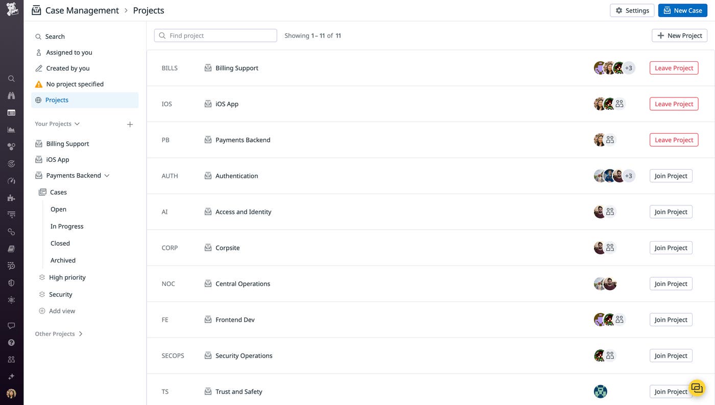 A list of projects within Case Management, showing the project names and associated teams. A list of projects within Case Management, showing the project names and associated teams.