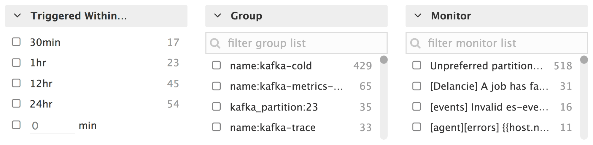 Filter triggered monitors by how recently it was triggered, by group, or by name