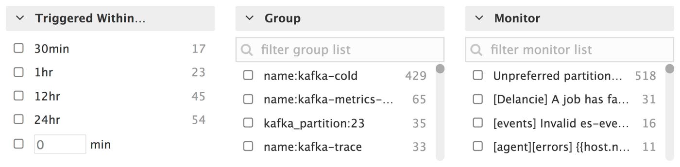 Filter triggered monitors by how recently it was triggered, by group, or by name Filter triggered monitors by how recently it was triggered, by group, or by name