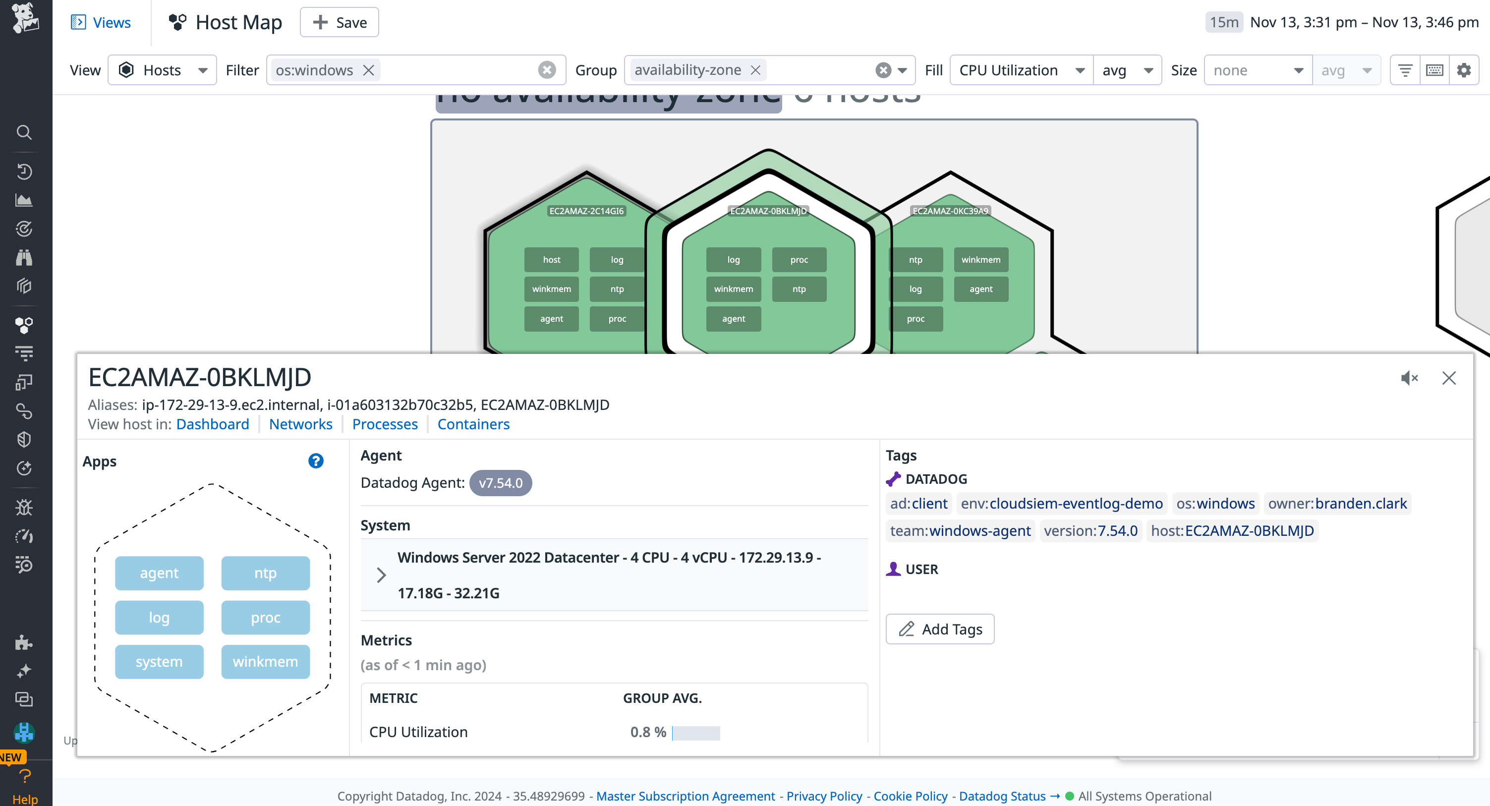 Learn more about your host health by viewing it in dashboards, networks, processes, and containers which are all linked from the host map.
