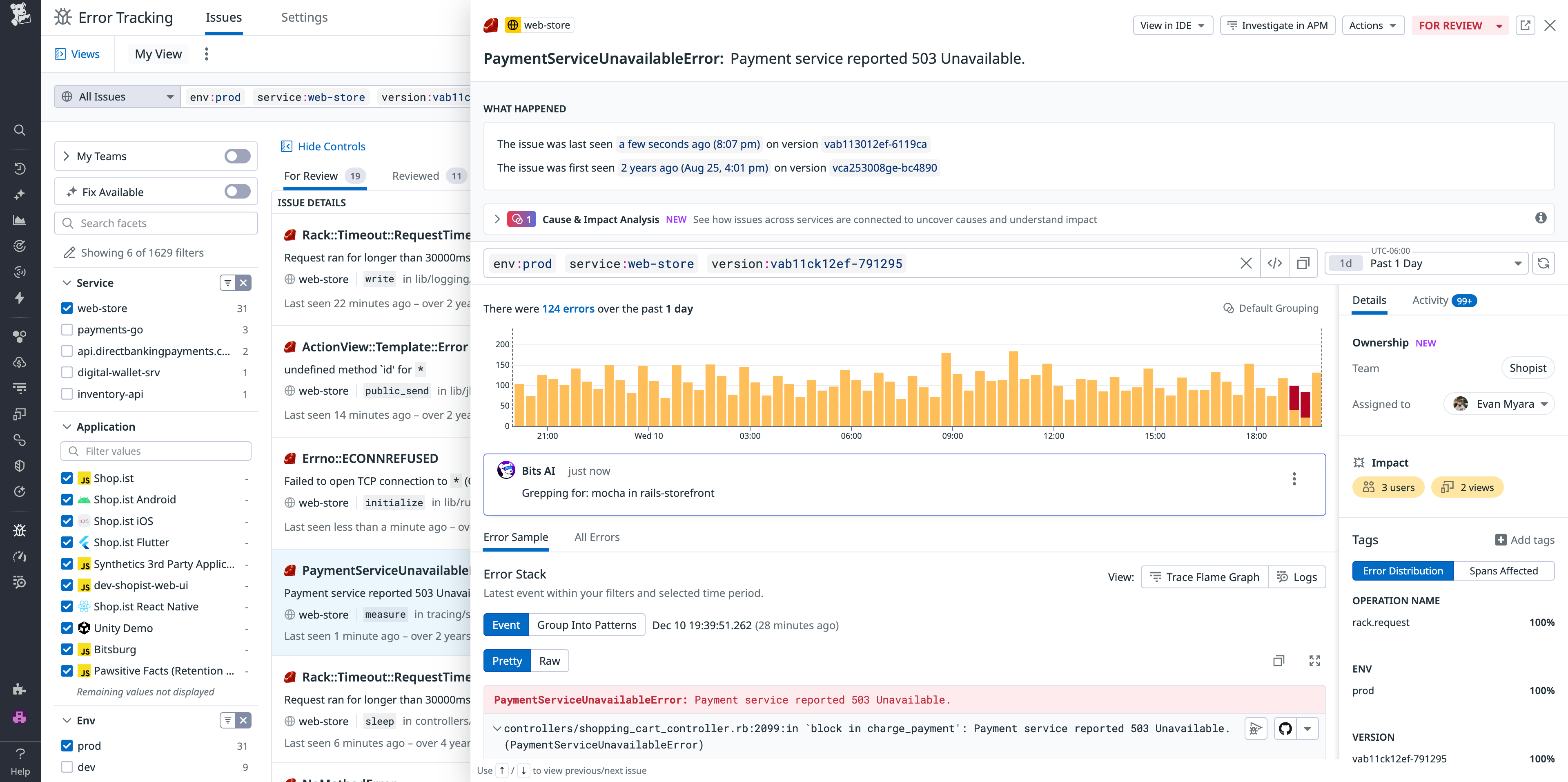 A Datadog Error Tracking interface showing an issue called “PaymentServiceUnavailableError: Payment service reported 503 Unavailable.” The left sidebar lists filtered issues across services such as web-store, payments-go, and inventory-api. The main panel shows details for the selected error, including environment, service, version tags, and a 24-hour bar chart of error volume. The right sidebar displays ownership information, assigned team member, and impact metrics indicating affected users and views. Below the chart, the error stack trace highlights a Rails controller line where the payment failure occurred.