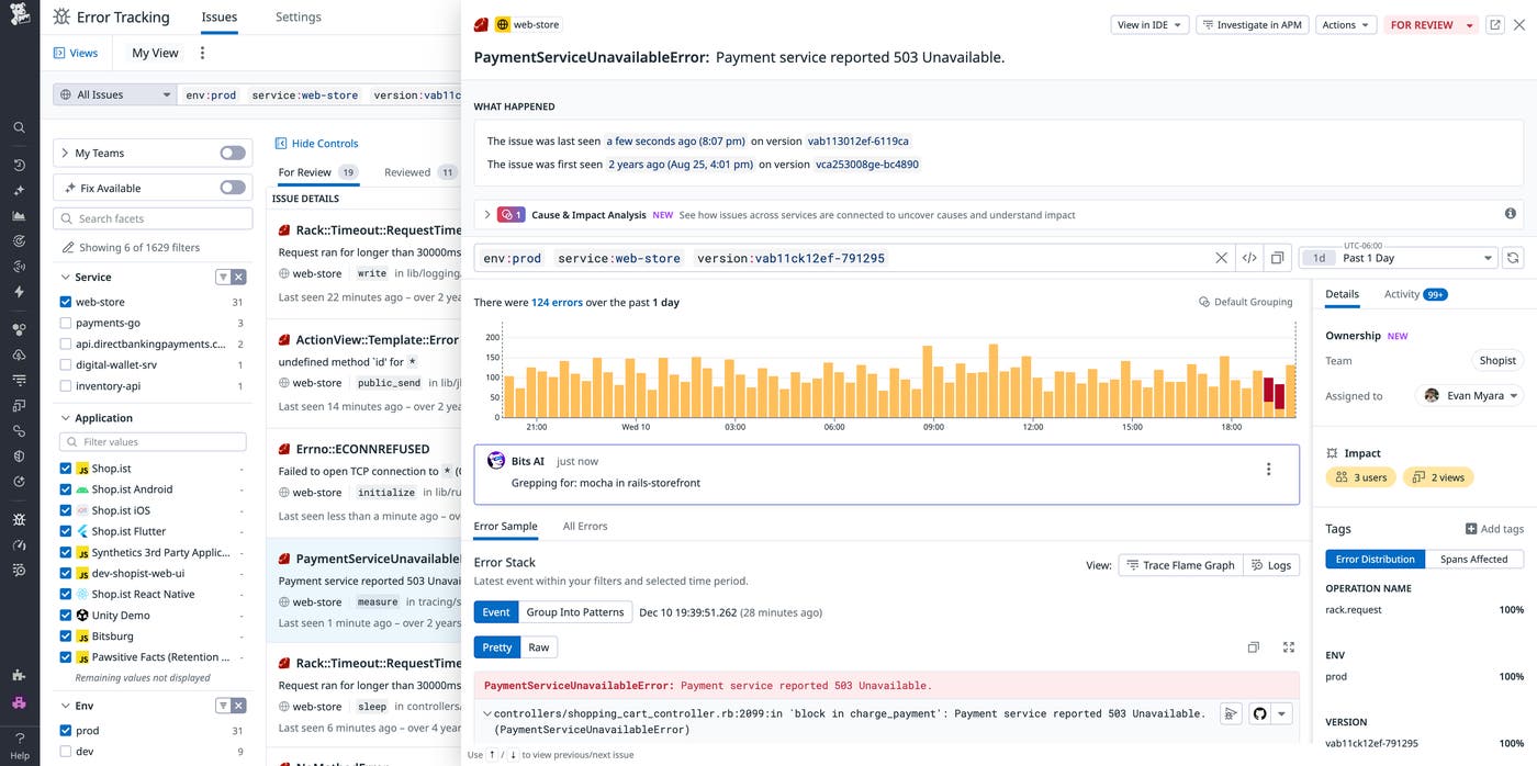 A Datadog Error Tracking interface showing an issue called “PaymentServiceUnavailableError: Payment service reported 503 Unavailable.” The left sidebar lists filtered issues across services such as web-store, payments-go, and inventory-api. The main panel shows details for the selected error, including environment, service, version tags, and a 24-hour bar chart of error volume. The right sidebar displays ownership information, assigned team member, and impact metrics indicating affected users and views. Below the chart, the error stack trace highlights a Rails controller line where the payment failure occurred. A Datadog Error Tracking interface showing an issue called “PaymentServiceUnavailableError: Payment service reported 503 Unavailable.” The left sidebar lists filtered issues across services such as web-store, payments-go, and inventory-api. The main panel shows details for the selected error, including environment, service, version tags, and a 24-hour bar chart of error volume. The right sidebar displays ownership information, assigned team member, and impact metrics indicating affected users and views. Below the chart, the error stack trace highlights a Rails controller line where the payment failure occurred.