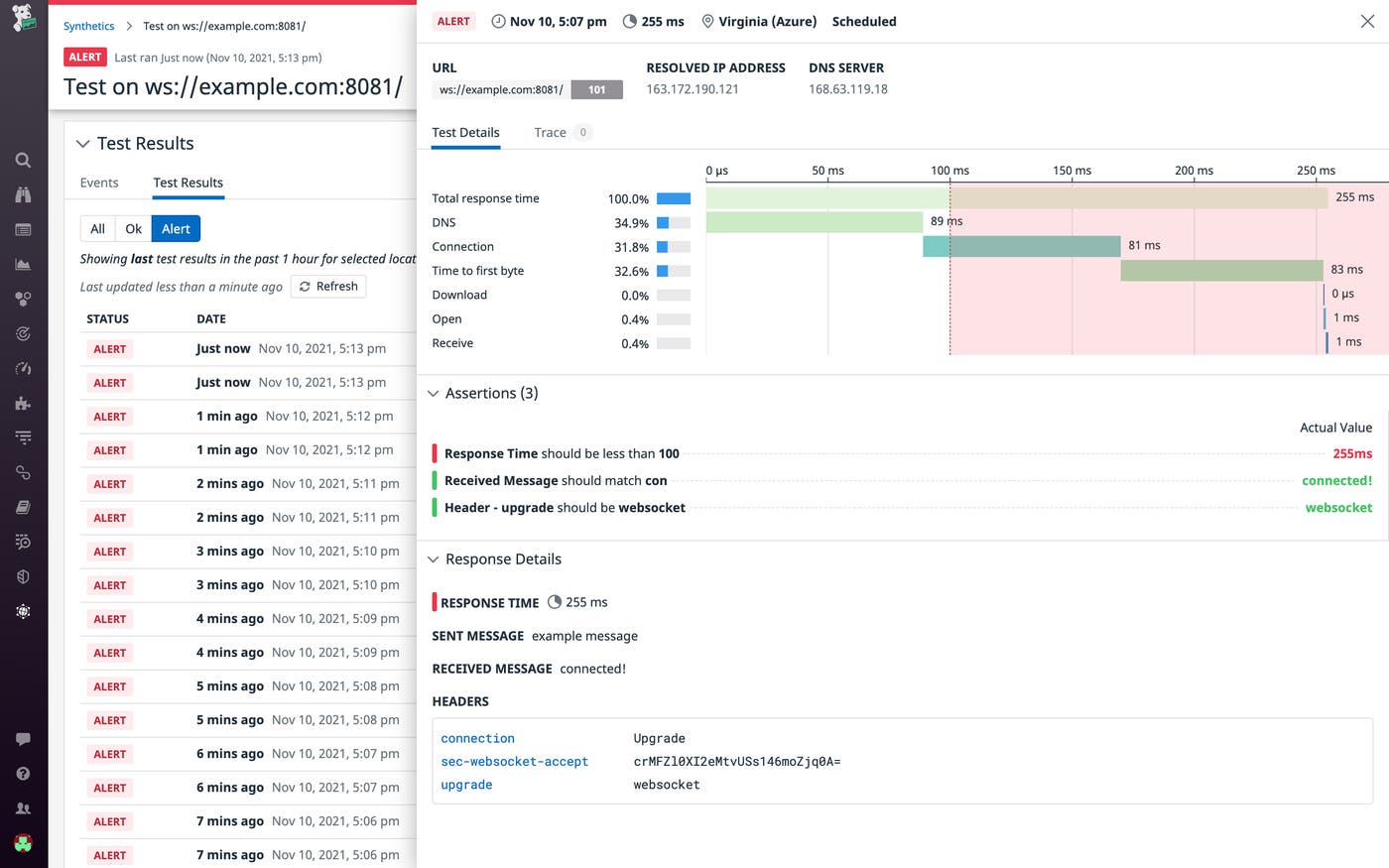 WebSocket test failed because it exceeded its expected response time WebSocket test failed because it exceeded its expected response time