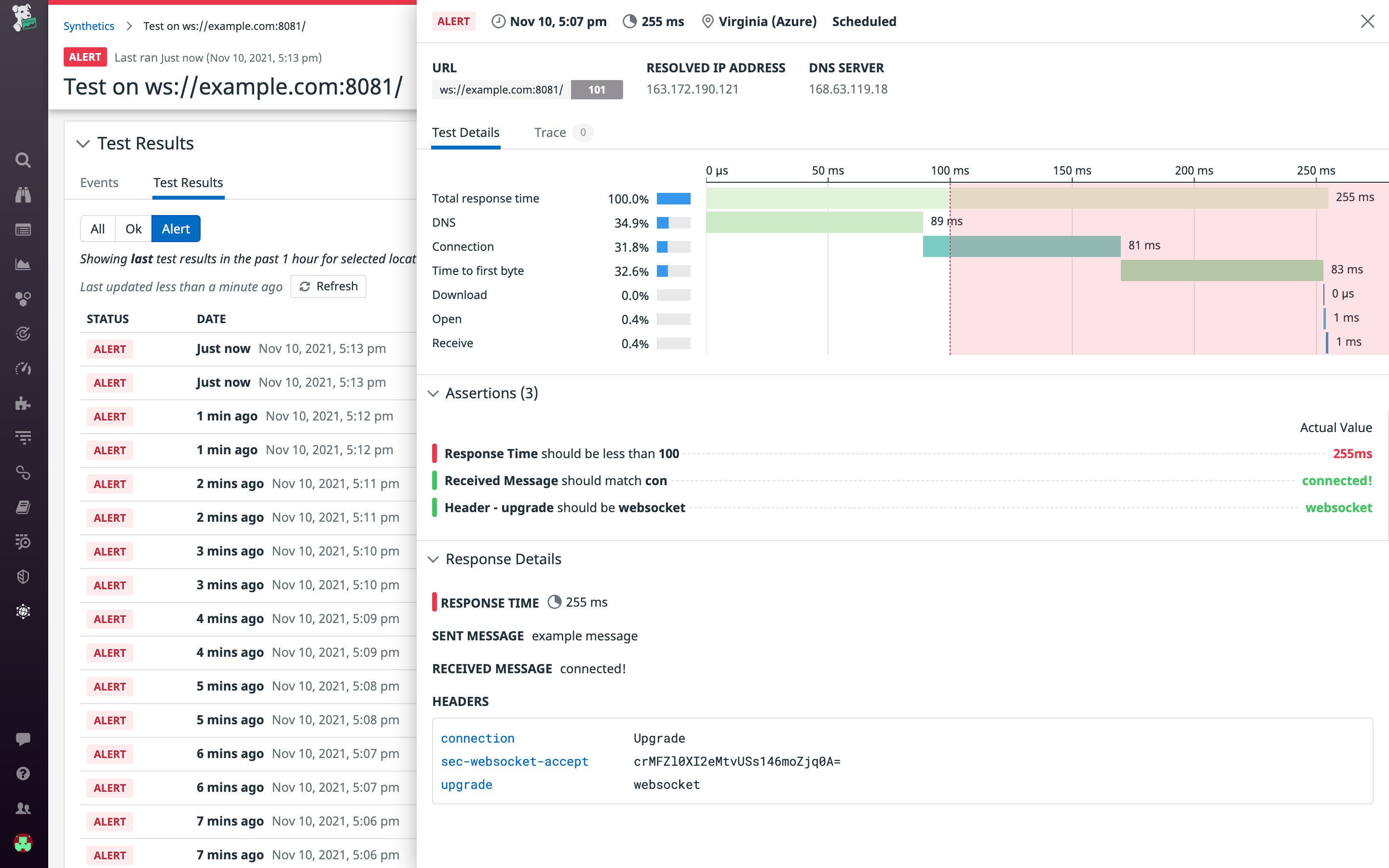 WebSocket test failed because it exceeded its expected response time WebSocket test failed because it exceeded its expected response time