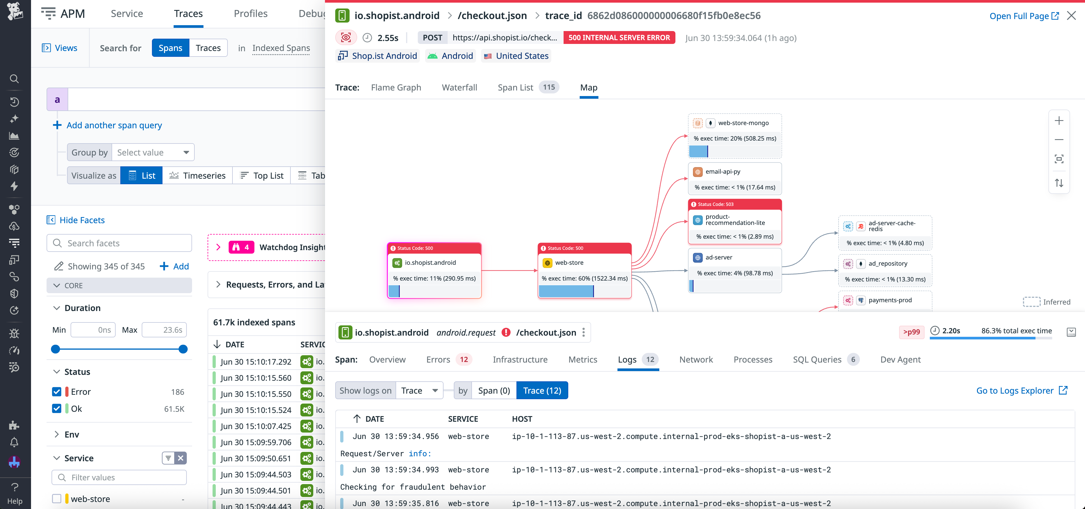 View logs associated with a distributed trace.