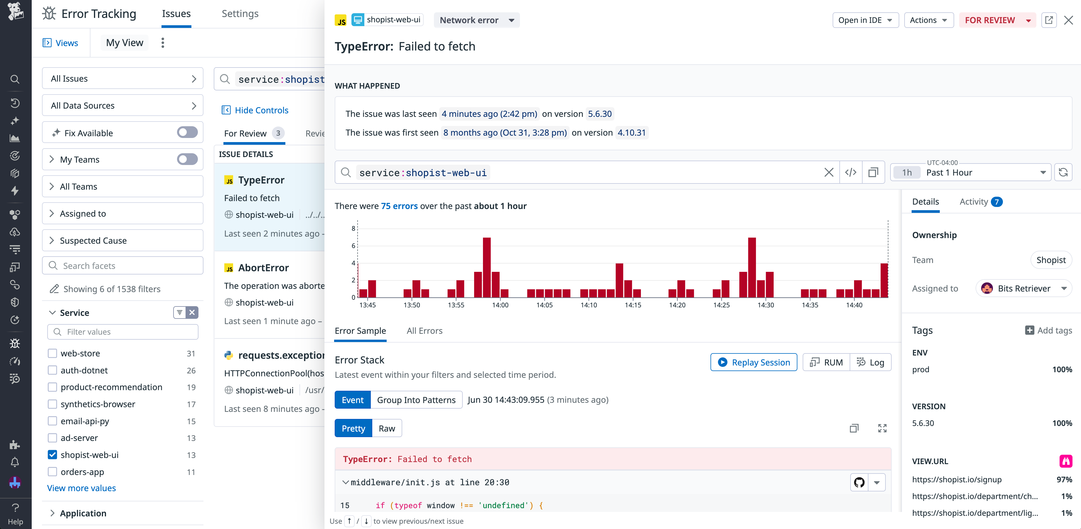 Datadog Error Tracking aggregates frontend errors into issues.