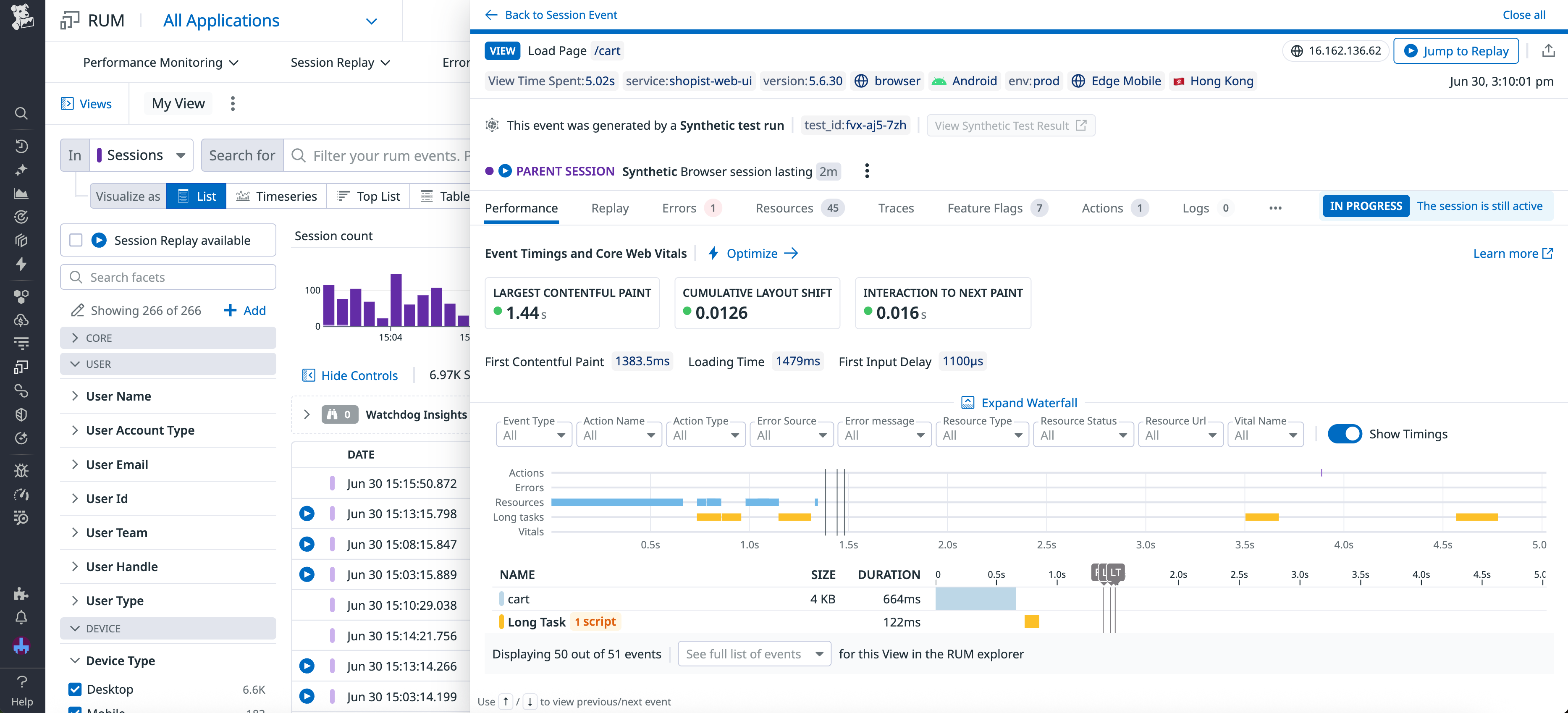Datadog RUM shows the duration of loading each frontend resource.