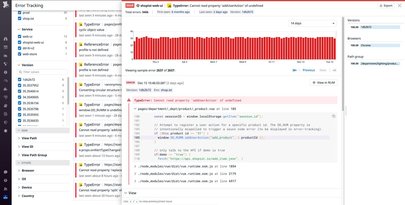Datadog Error Tracking aggregates frontend errors into issues. Datadog Error Tracking aggregates frontend errors into issues.