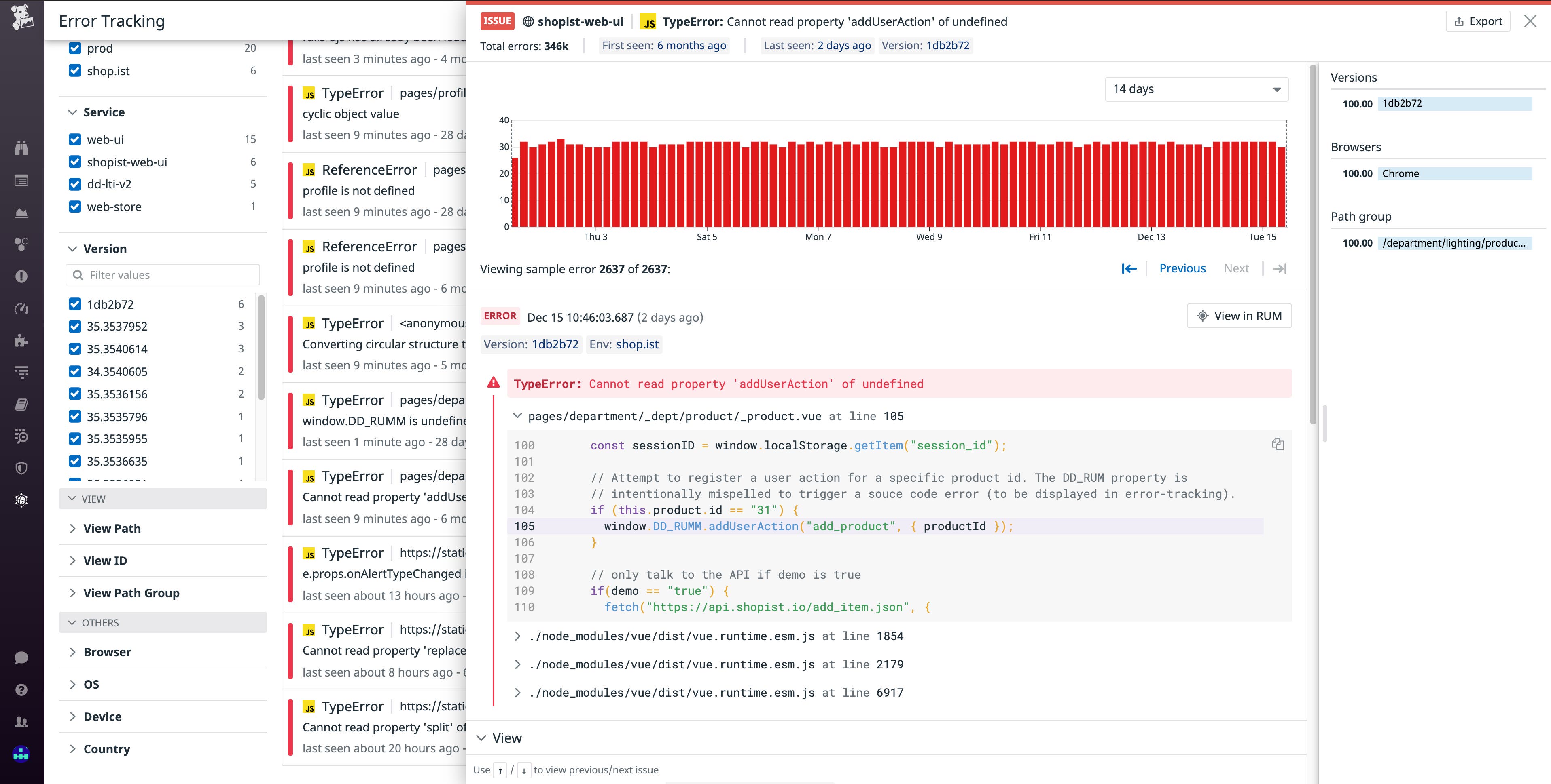 Datadog Error Tracking aggregates frontend errors into issues. Datadog Error Tracking aggregates frontend errors into issues.