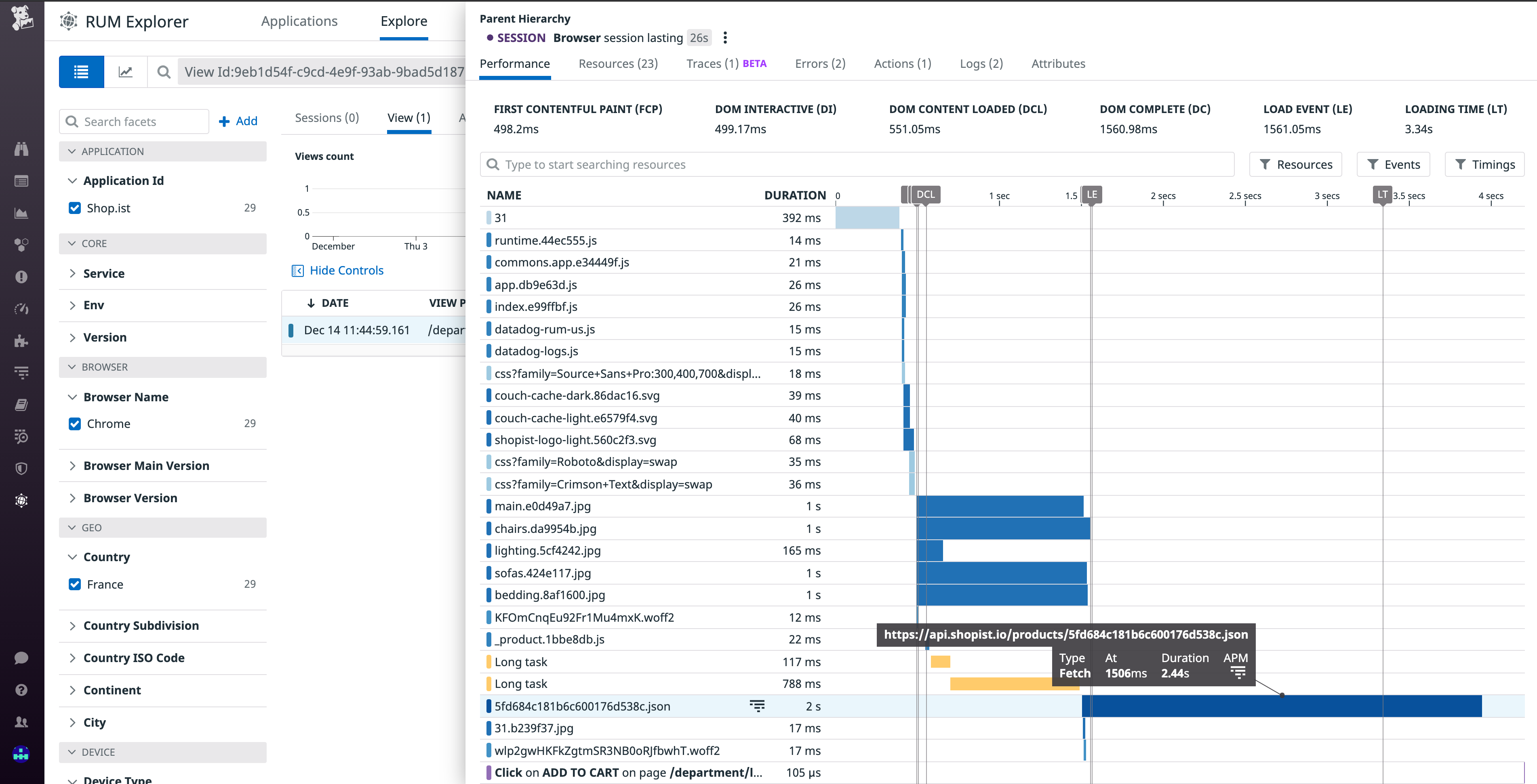 Datadog RUM shows the duration of loading each frontend resource.