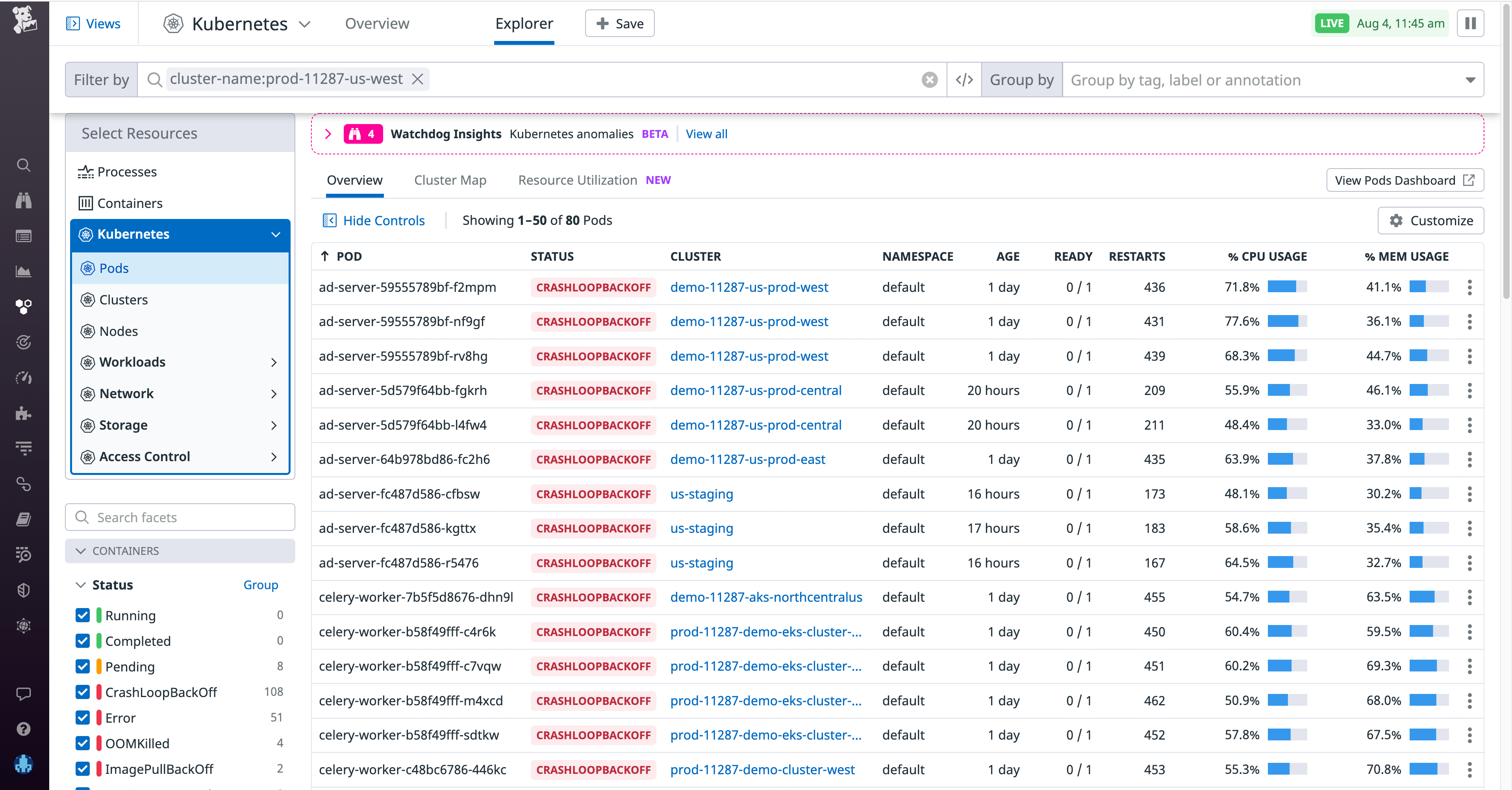 The Live Container view shows all pods in a CrashLoopBackoff phase