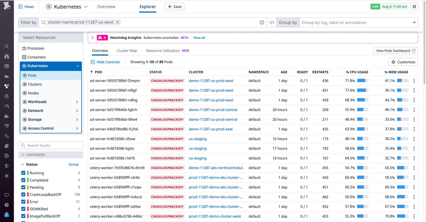 The Live Container view shows all pods in a CrashLoopBackoff phase The Live Container view shows all pods in a CrashLoopBackoff phase