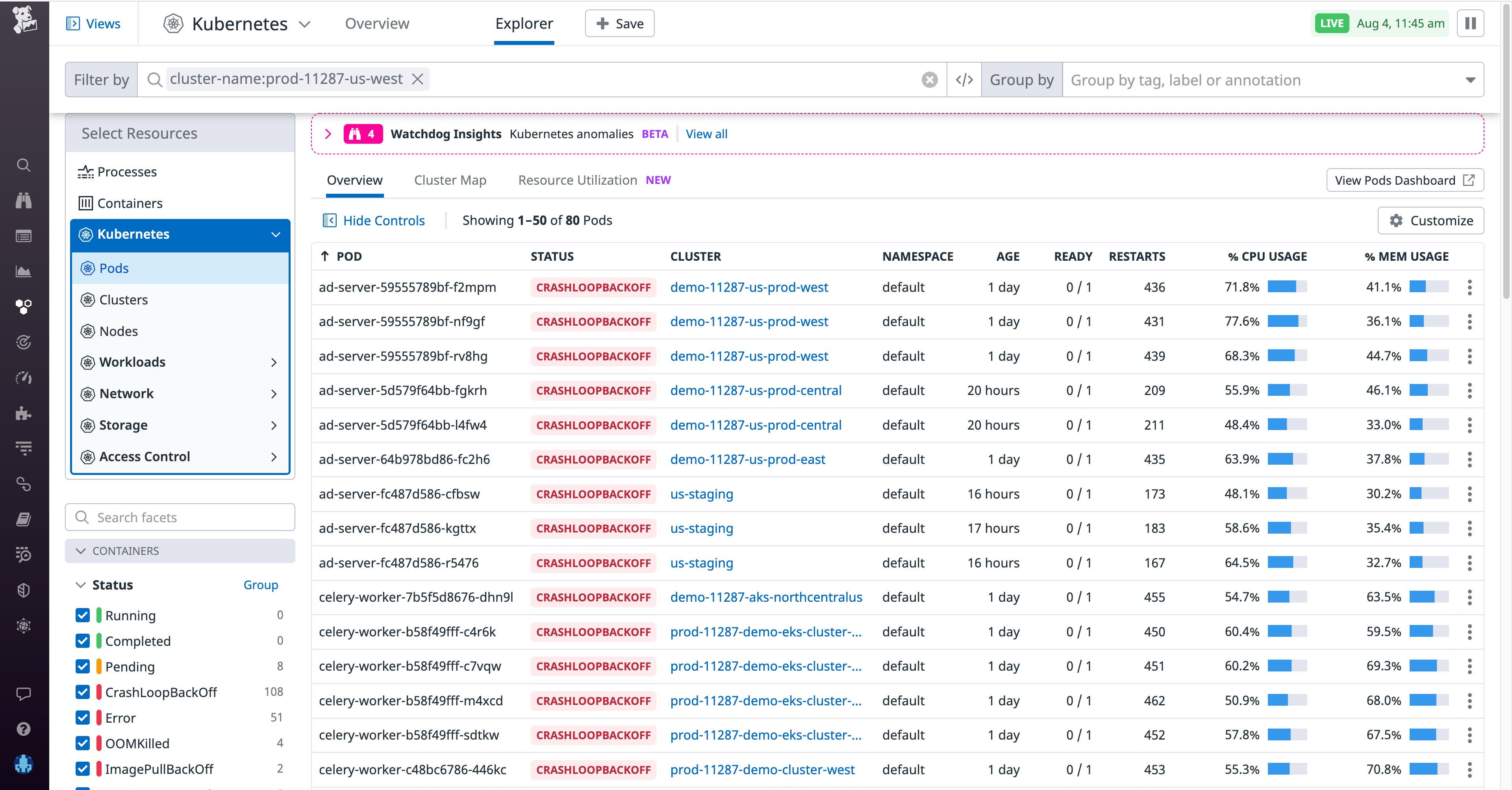 The Live Container view shows all pods in a CrashLoopBackoff phase The Live Container view shows all pods in a CrashLoopBackoff phase