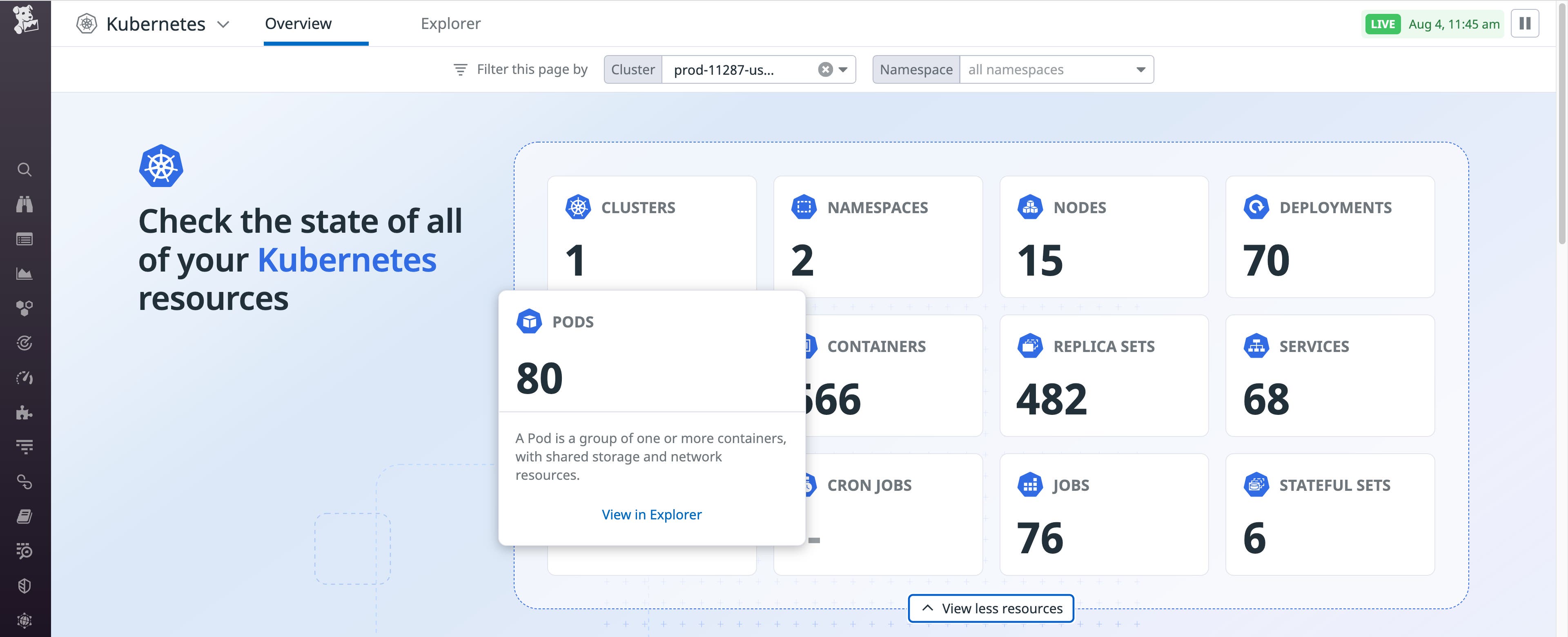 Hover over a tile to see more information on the Kubernetes resource Hover over a tile to see more information on the Kubernetes resource
