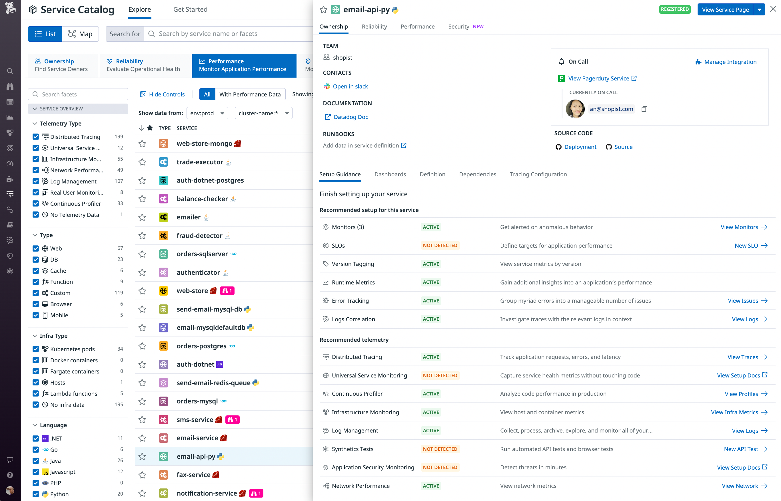 A service catalog entry shows links to documentation and Slack, and shows the Pagerduty on-call information.