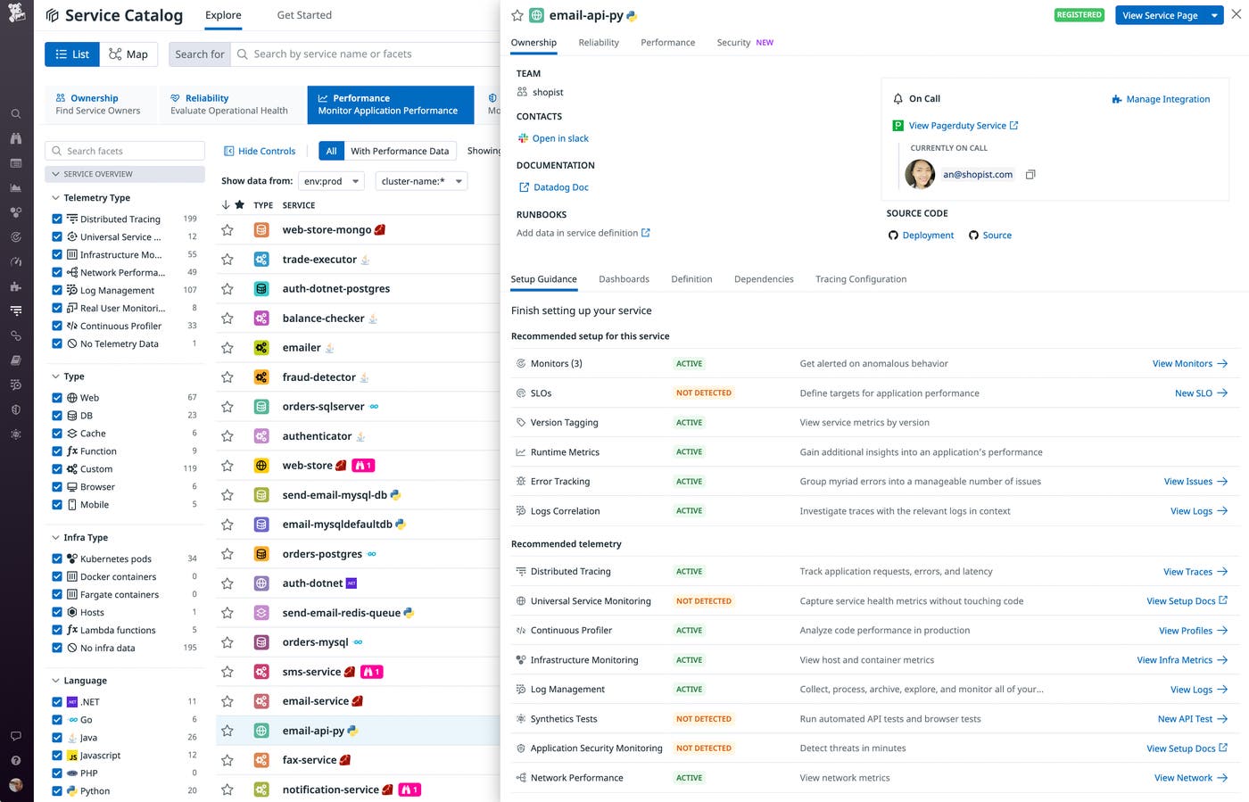 A service catalog entry shows links to documentation and Slack, and shows the Pagerduty on-call information. A service catalog entry shows links to documentation and Slack, and shows the Pagerduty on-call information.