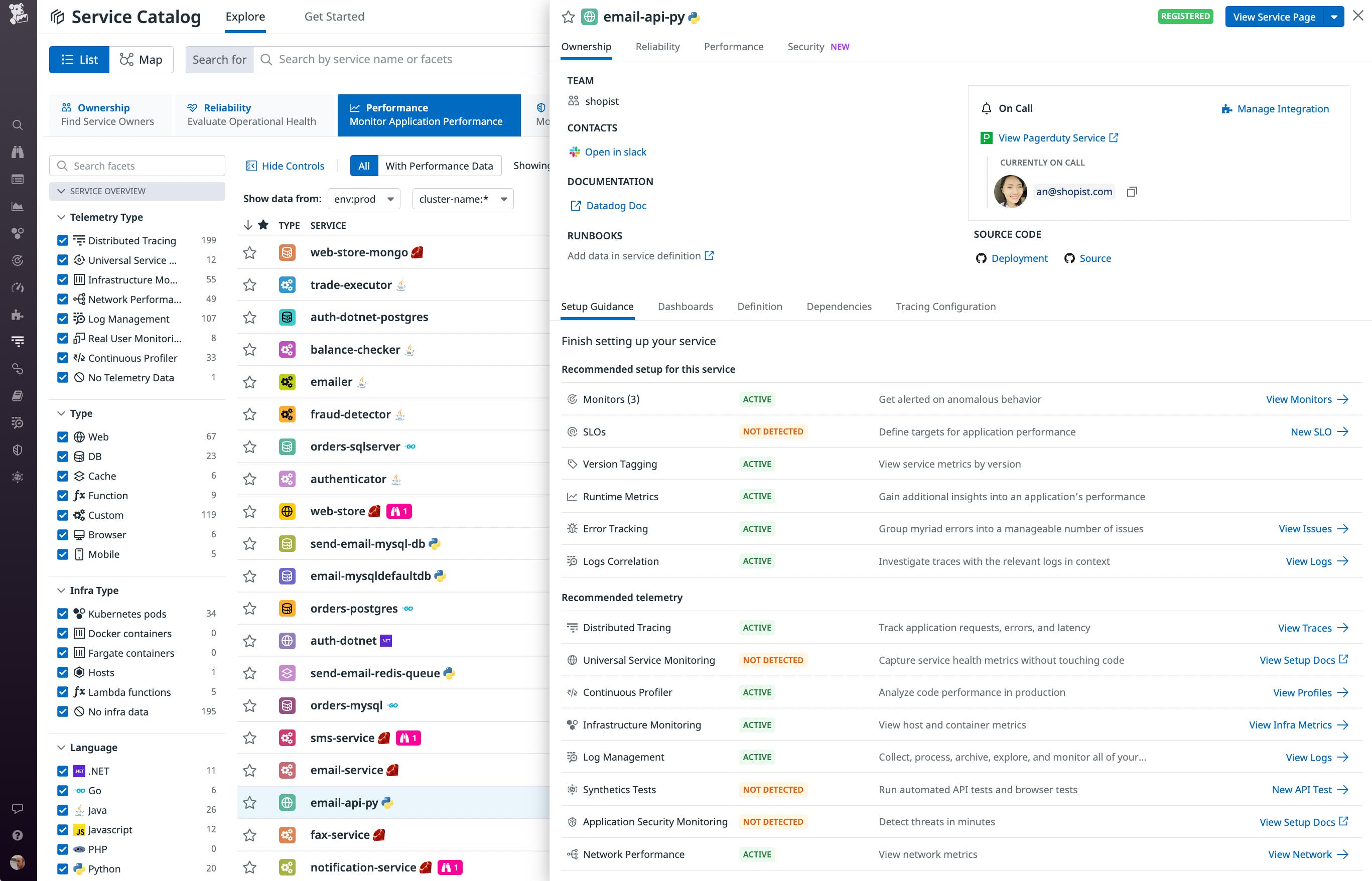 A service catalog entry shows links to documentation and Slack, and shows the Pagerduty on-call information. A service catalog entry shows links to documentation and Slack, and shows the Pagerduty on-call information.