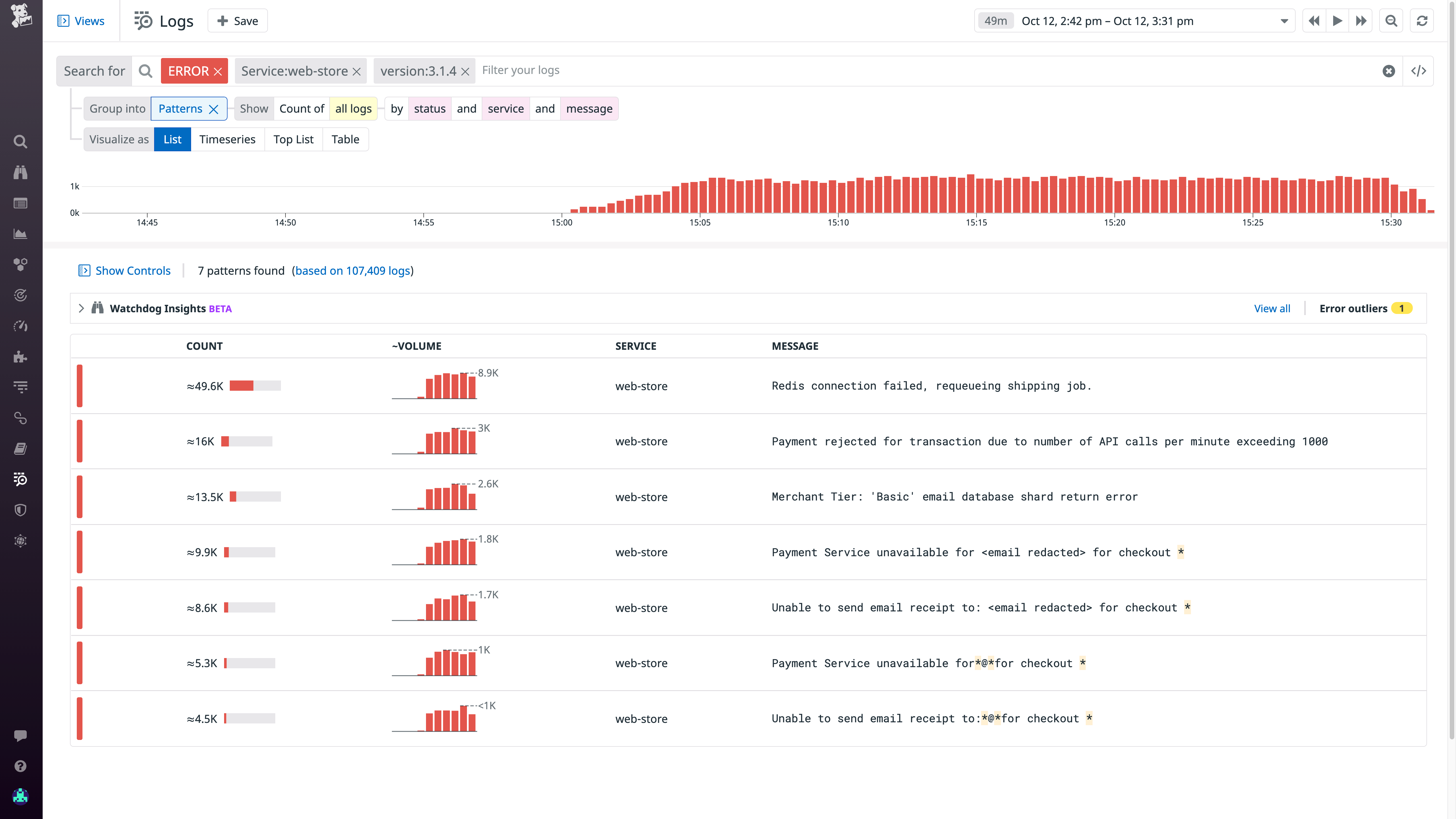 The Log Explorer filtered by service and version.