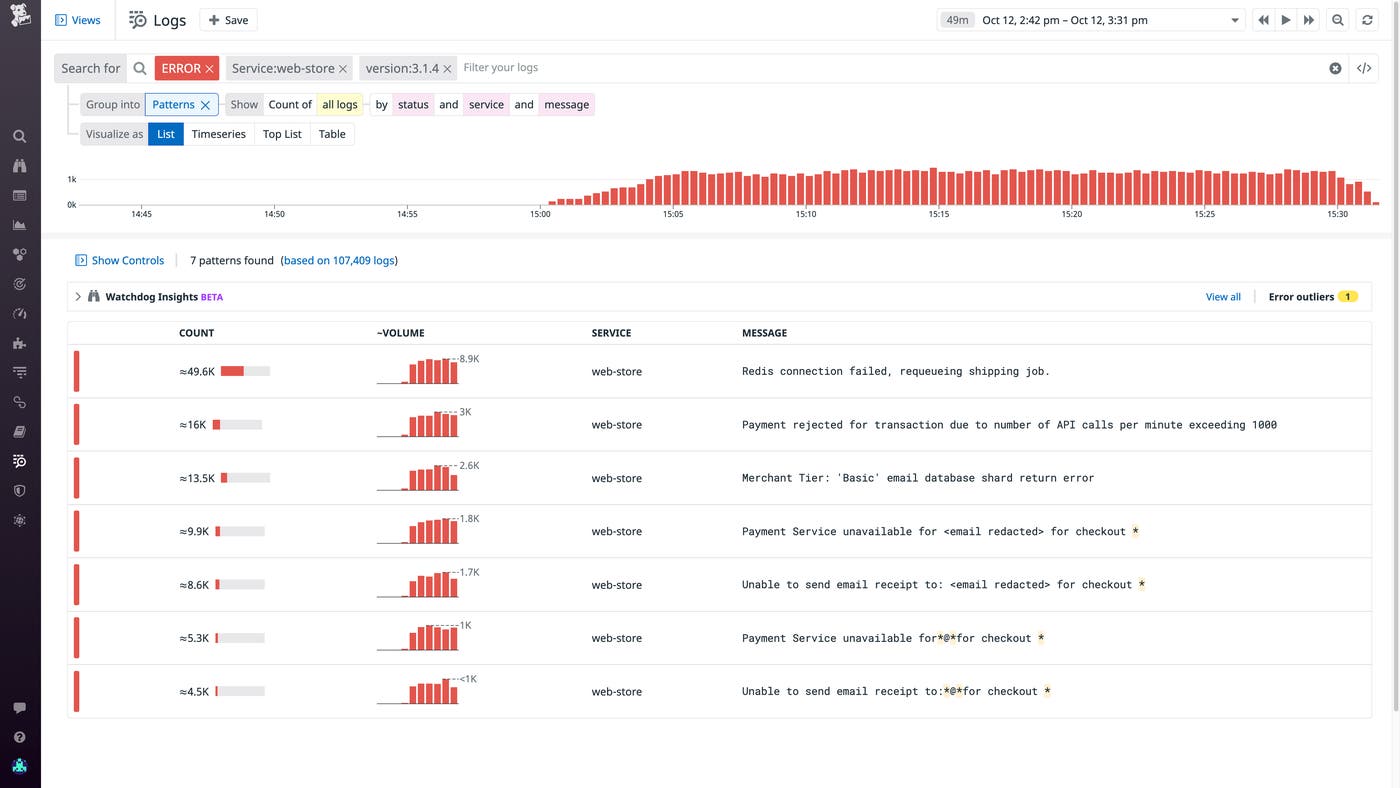 The Log Explorer filtered by service and version. The Log Explorer filtered by service and version.