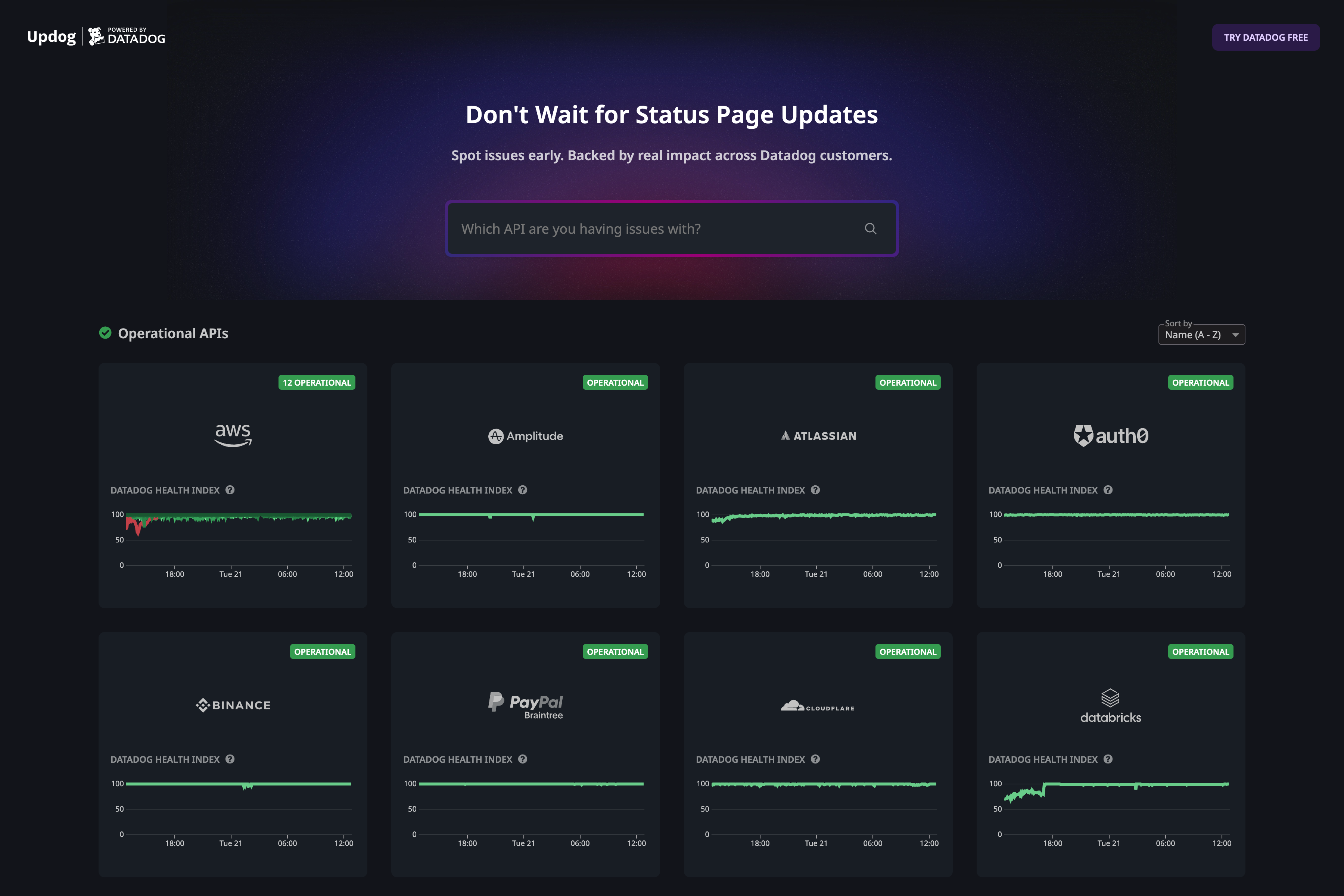 Updog.ai showing live status of major SaaS providers and AWS services.