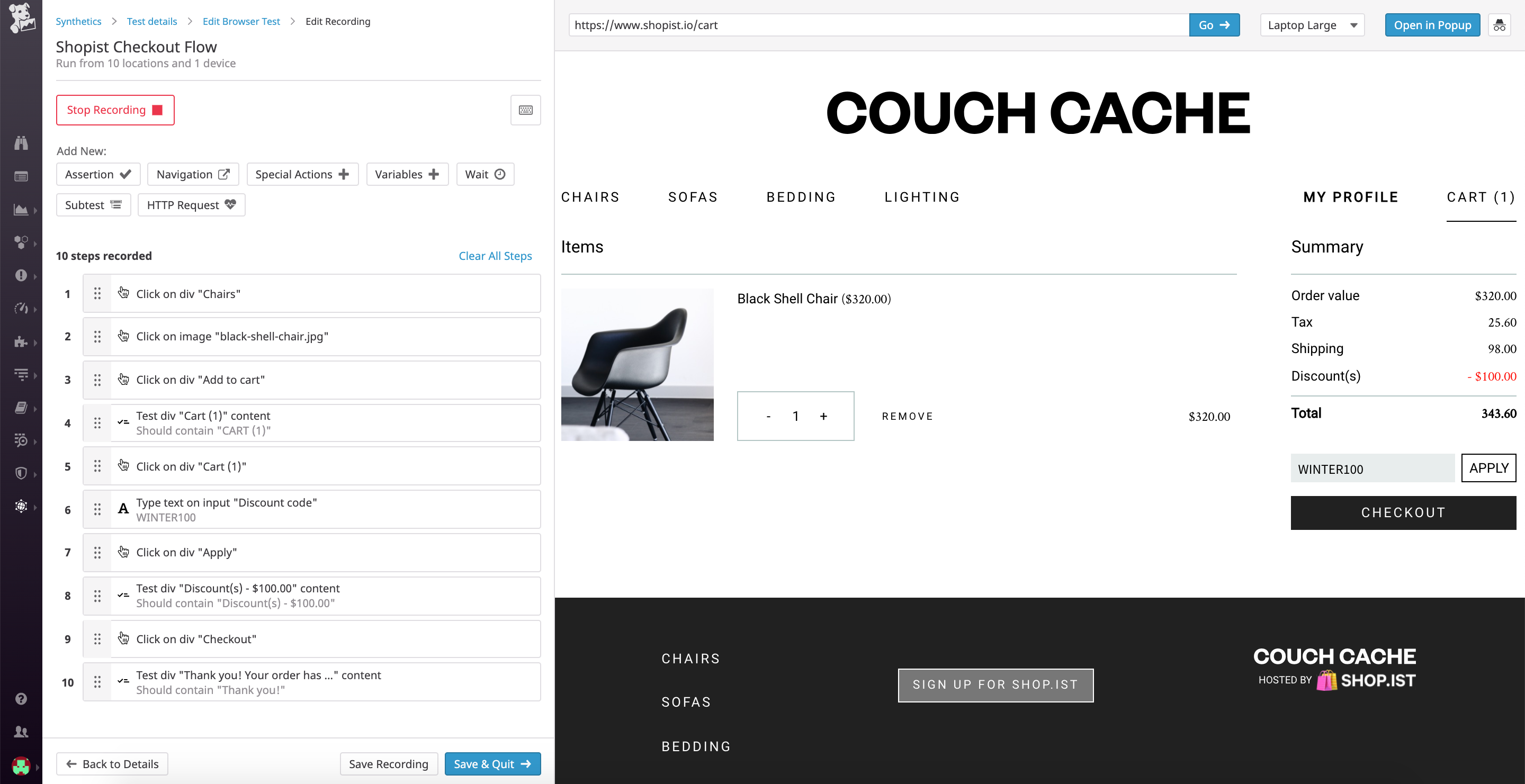 In this checkout flow, we are adding a chair to our cart, entering a discount code, and checking out.