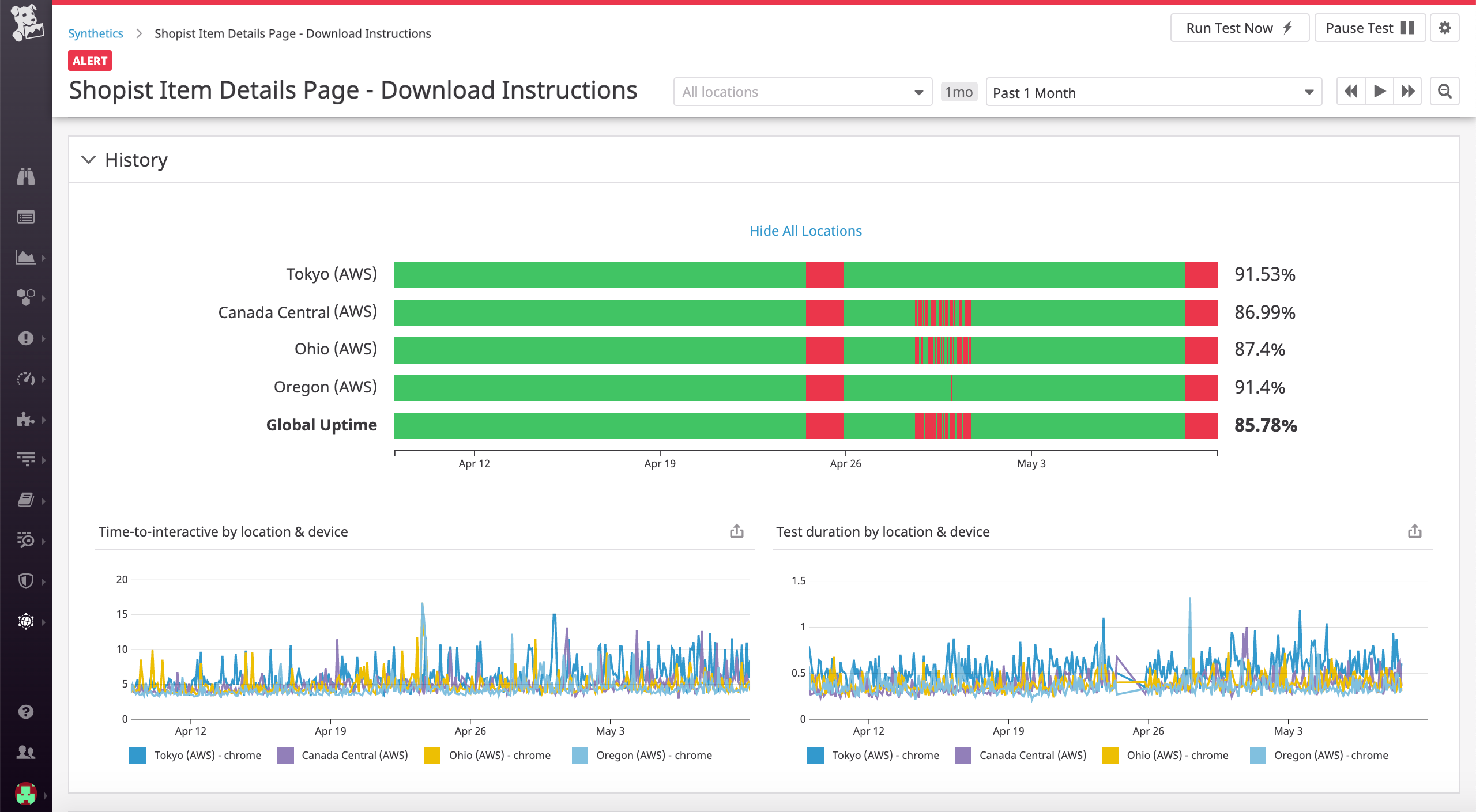Within each test, you'll be able to view statistics on uptime, time-to-interactive, and test duration across locations and devices.