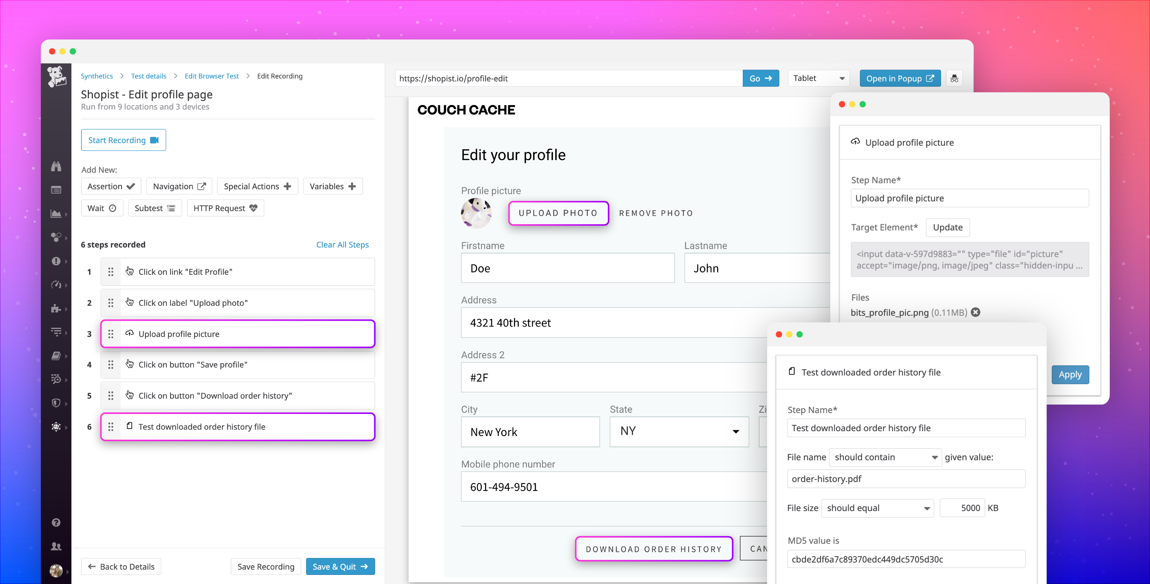 Test file uploads and downloads with Datadog Synthetic browser tests