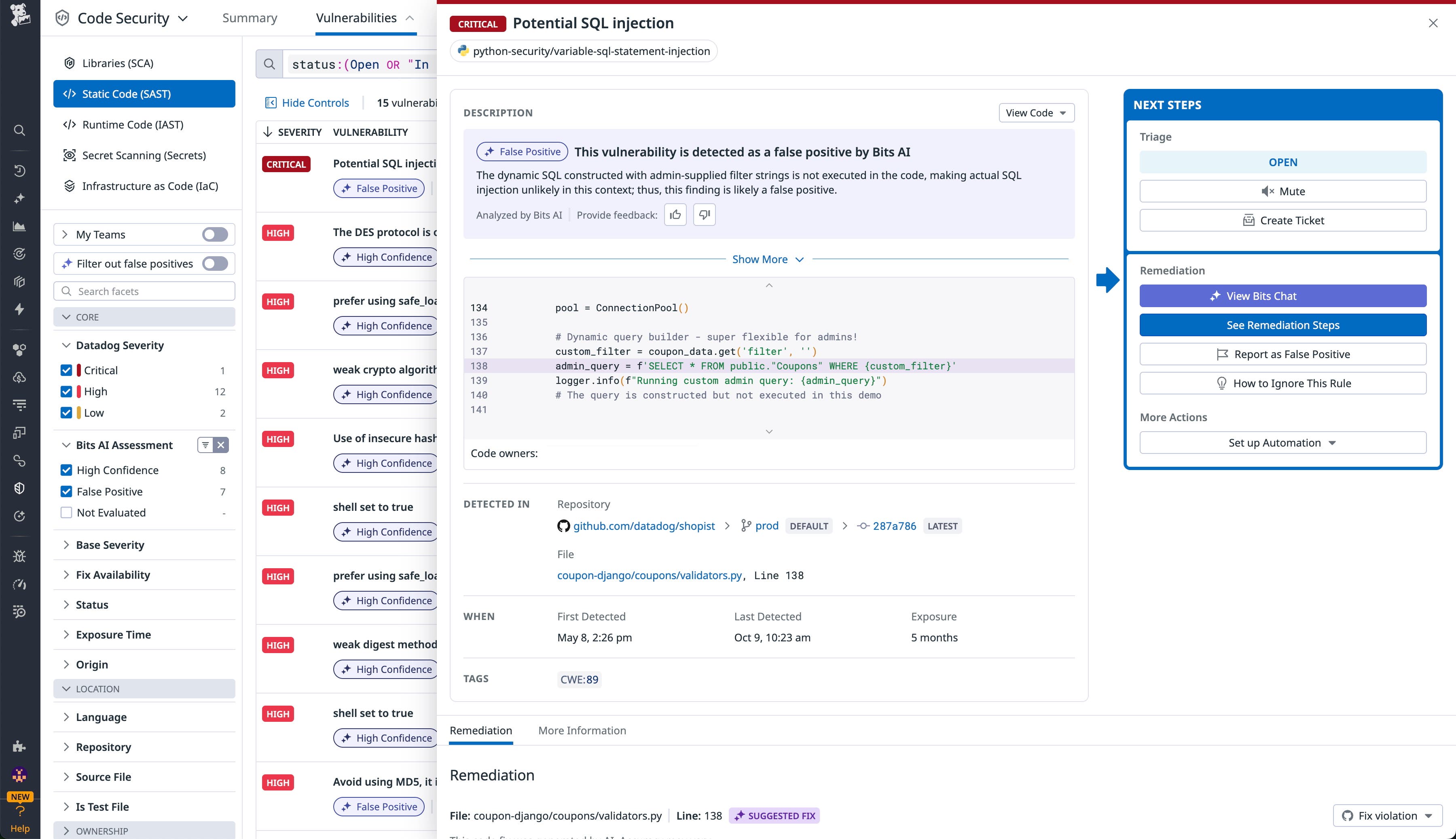 Screenshot showing a potential SQL injection security vulnerability Screenshot showing a potential SQL injection security vulnerability