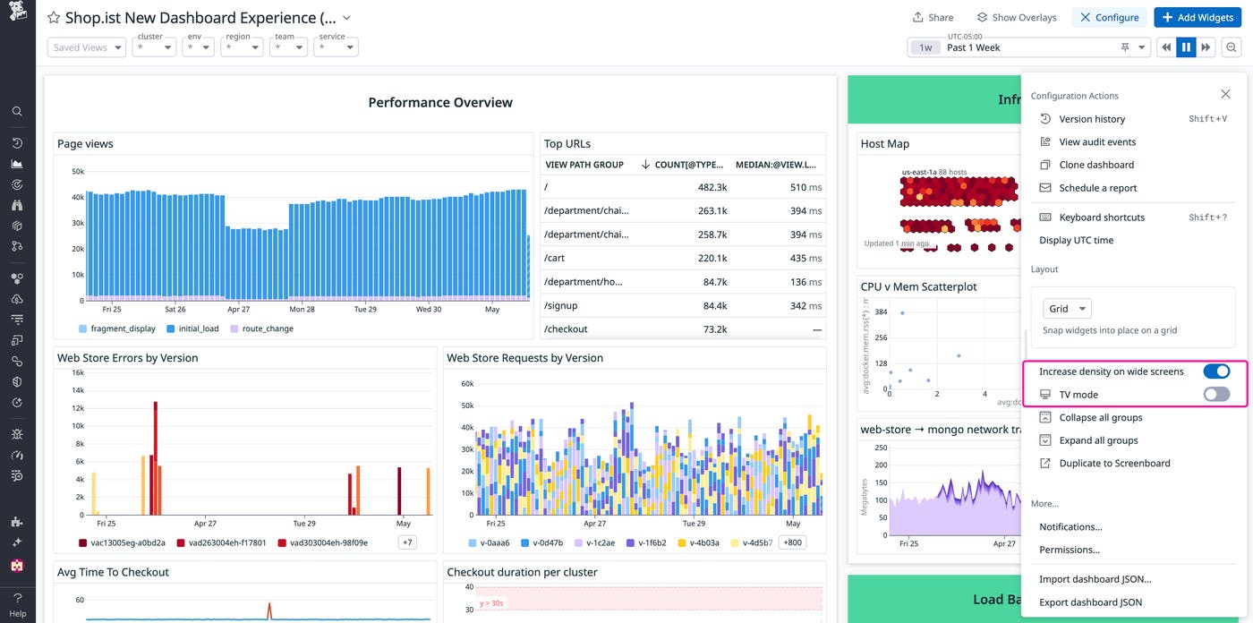 View of high-density mode and TV mode options for Datadog dashboards View of high-density mode and TV mode options for Datadog dashboards