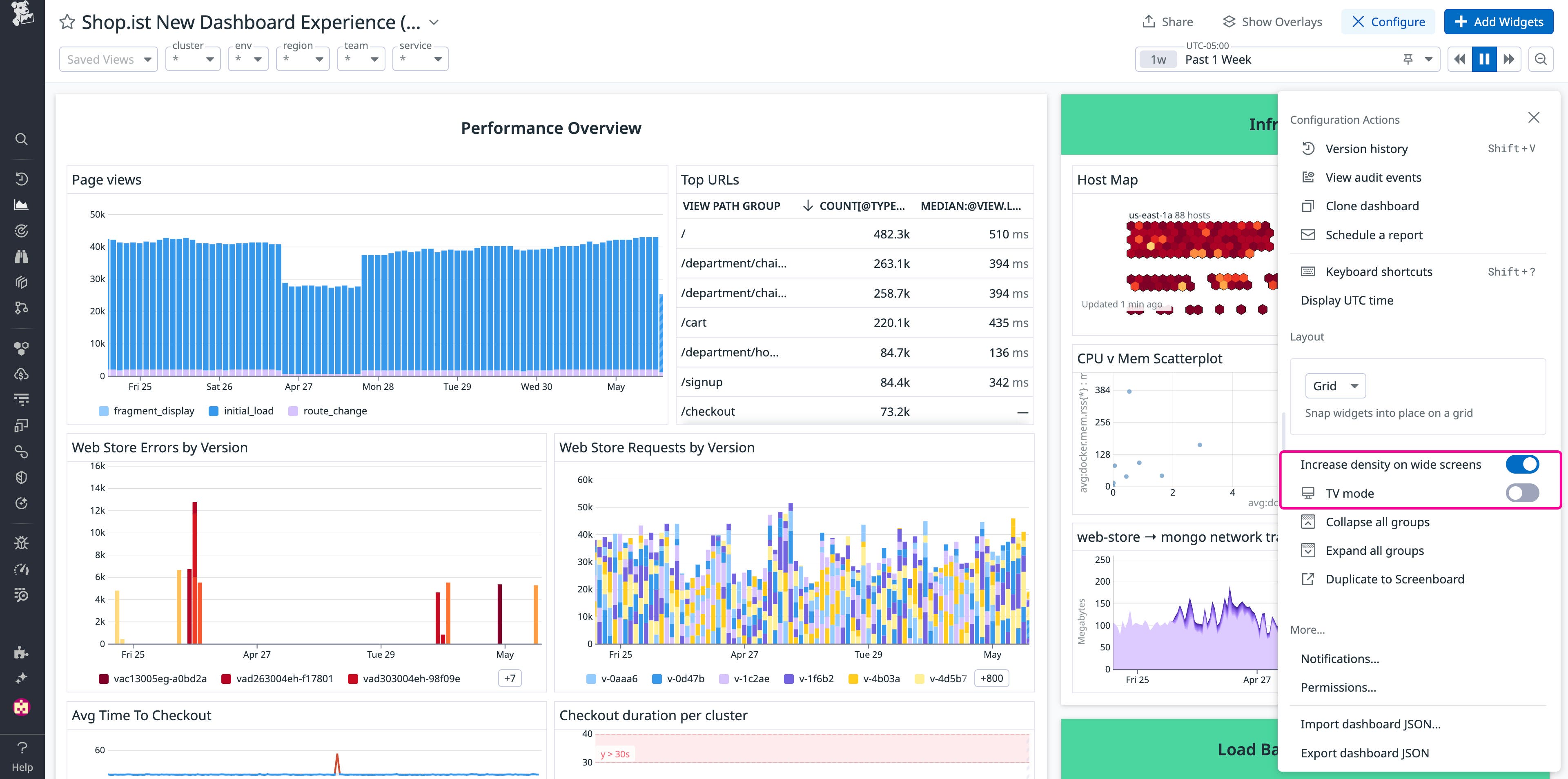 View of high-density mode and TV mode options for Datadog dashboards View of high-density mode and TV mode options for Datadog dashboards