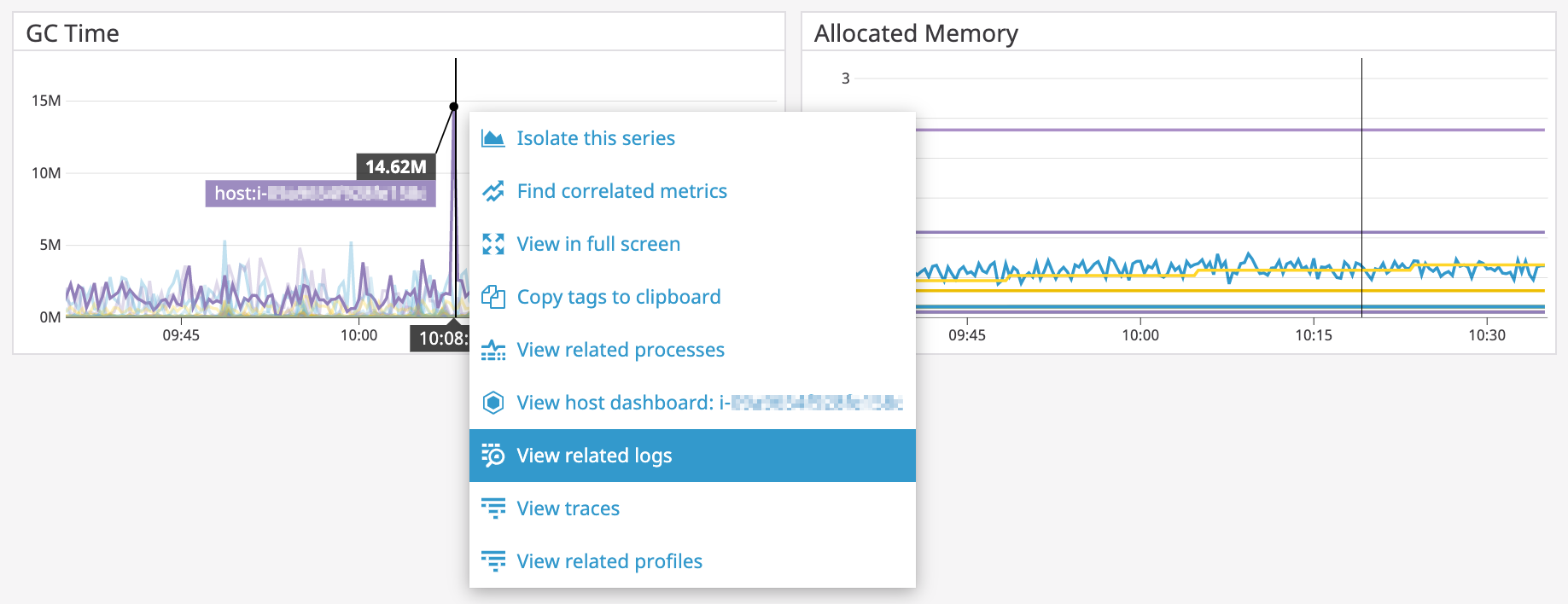 A context menu on a Vault memory graph shows a link to view related logs.